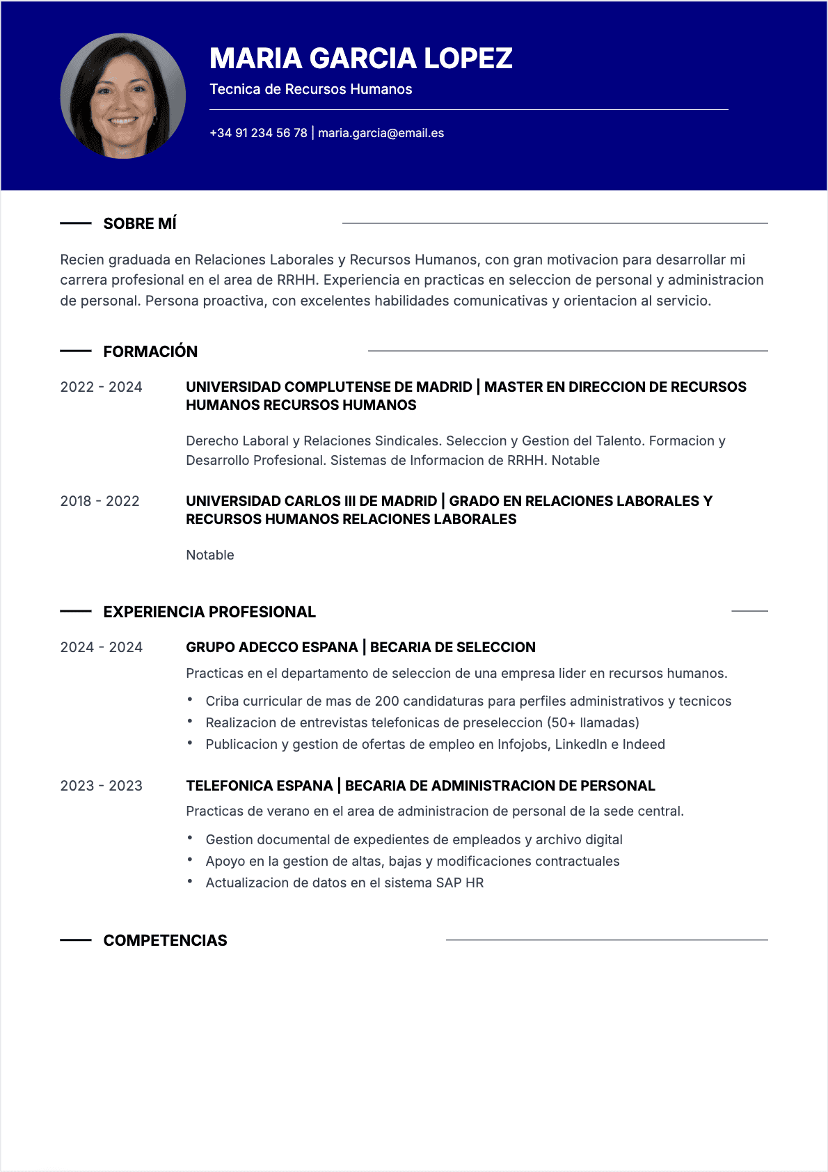 CV Especialista en RRHH Junior - CV Especialista en RRHH