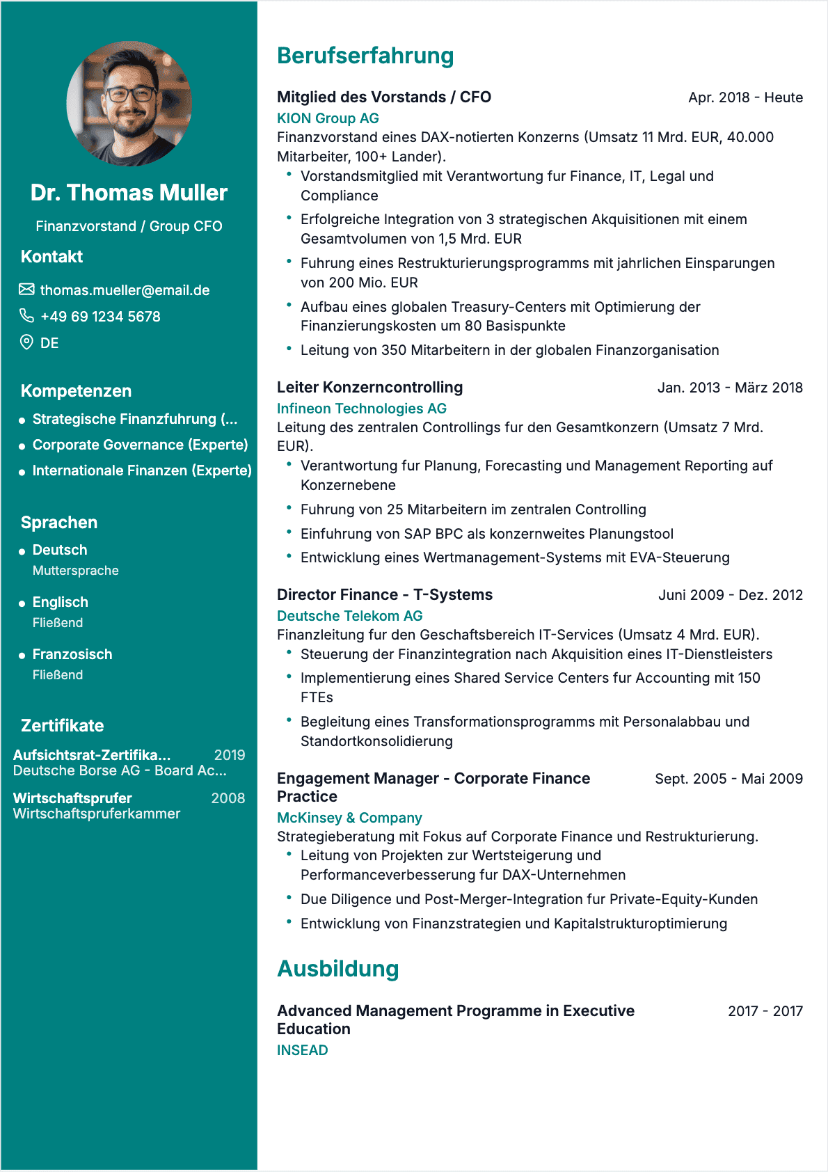 Finanzvorstand Senior - Finanzvorstand Lebenslauf