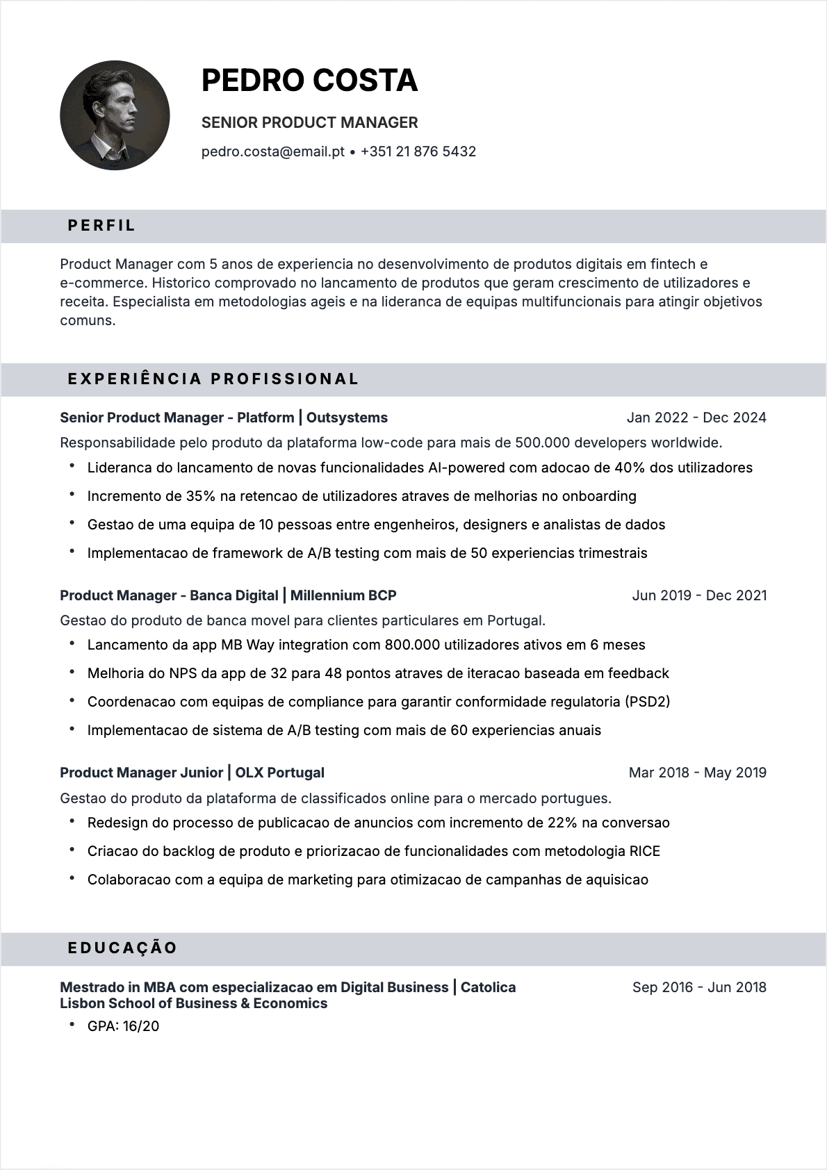 Gestor de produto Confirmé - CV Gestor de produto