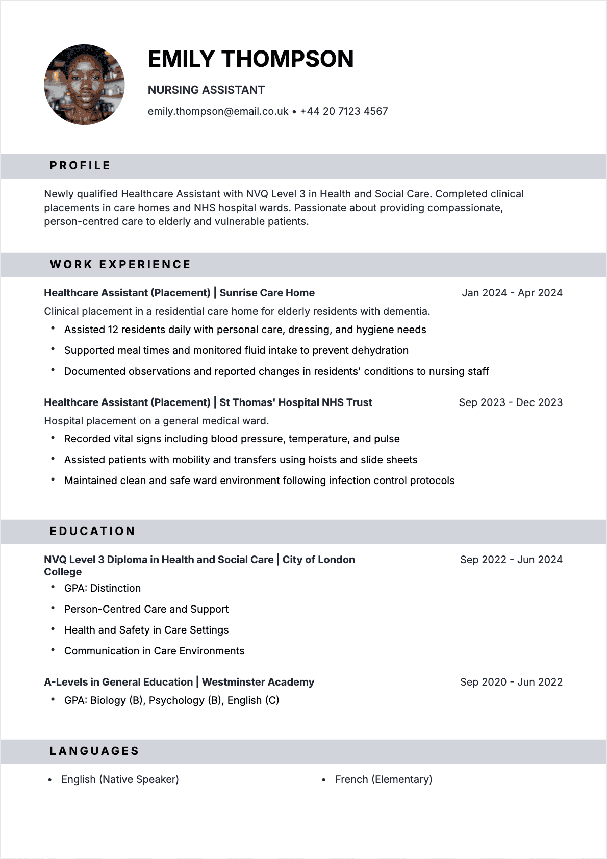 Healthcare Assistant Junior - Healthcare Assistant Resume