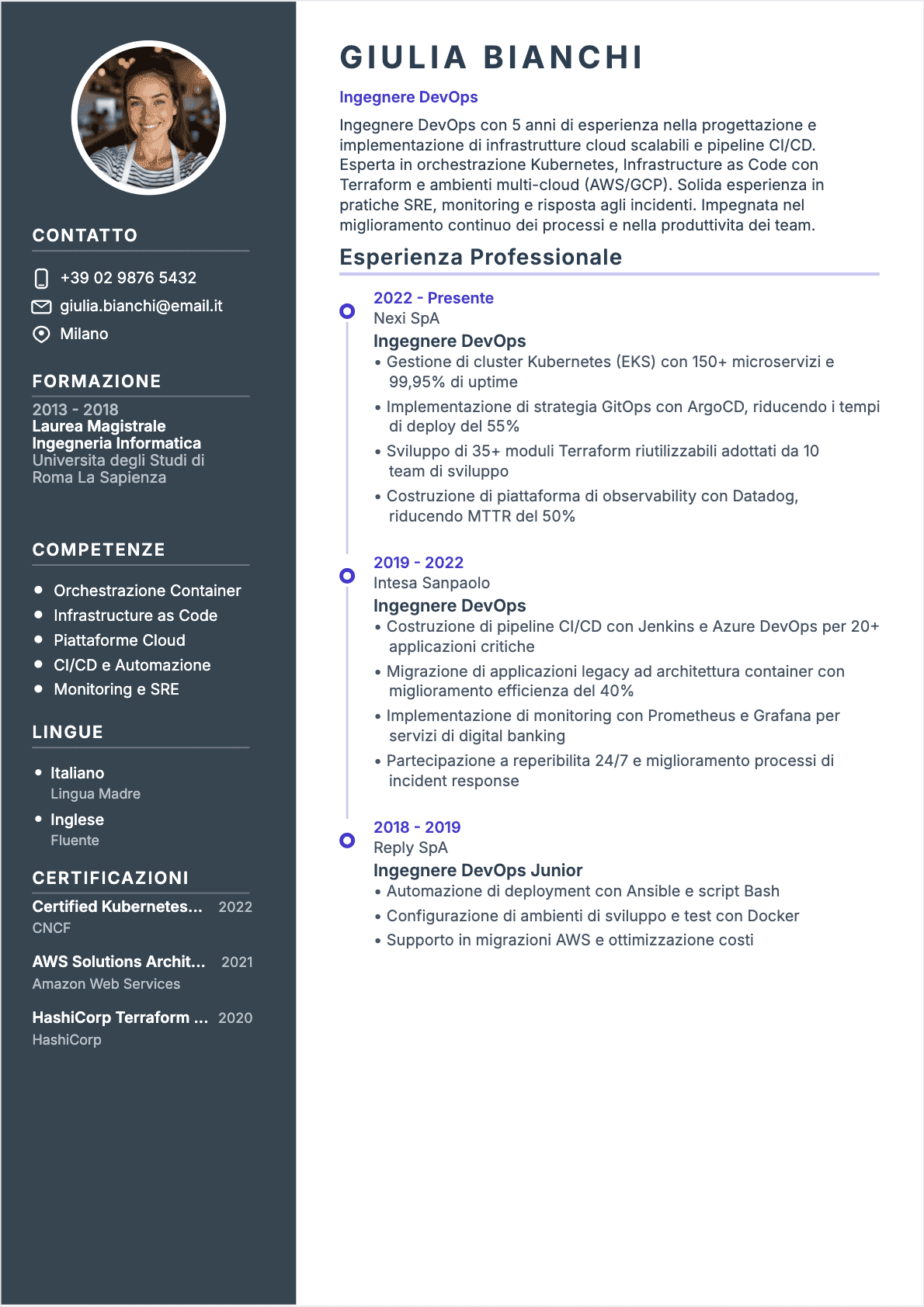 Ingegnere DevOps Confirmé - CV Ingegnere DevOps