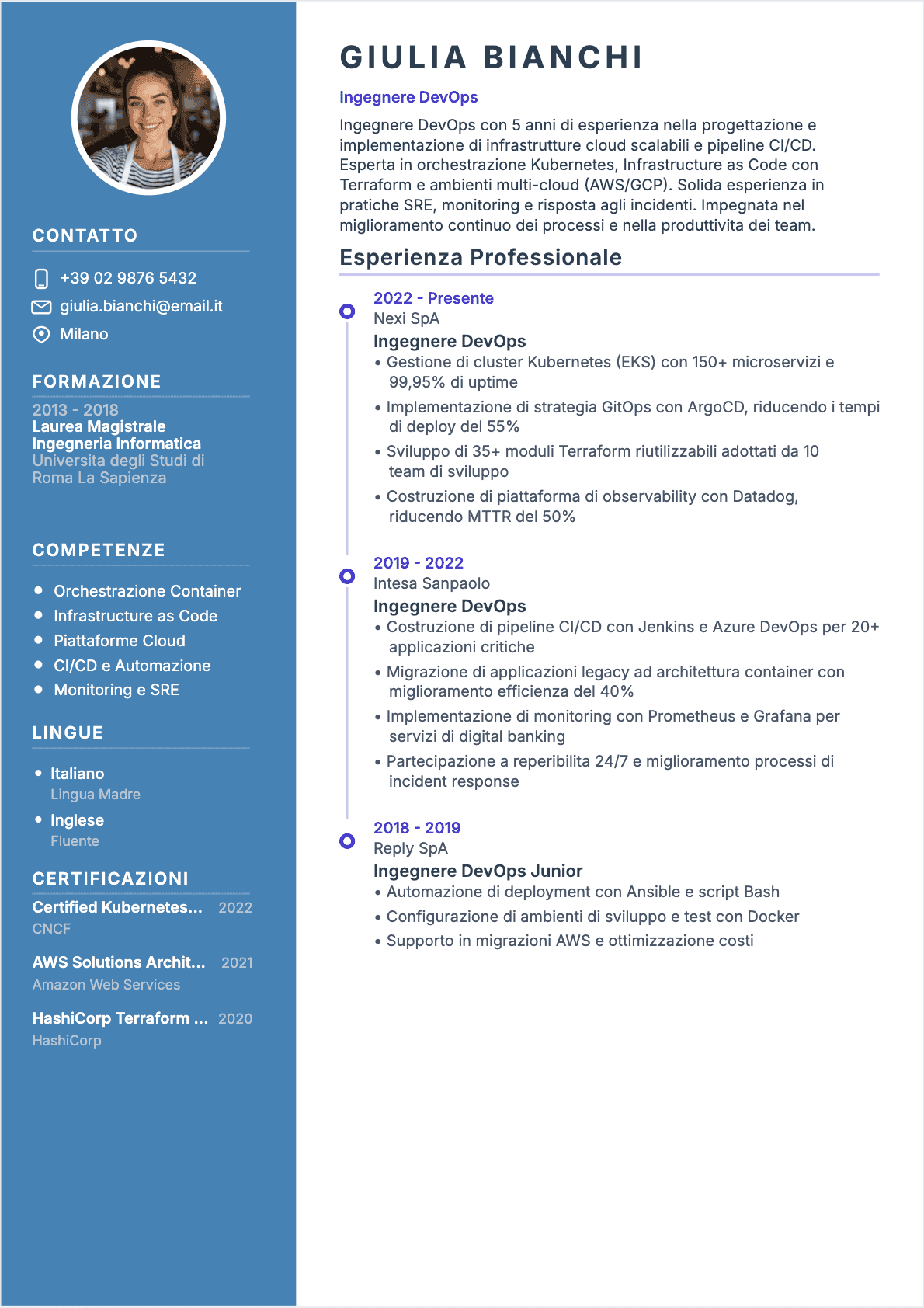 Ingegnere DevOps Confirmé - CV Ingegnere DevOps