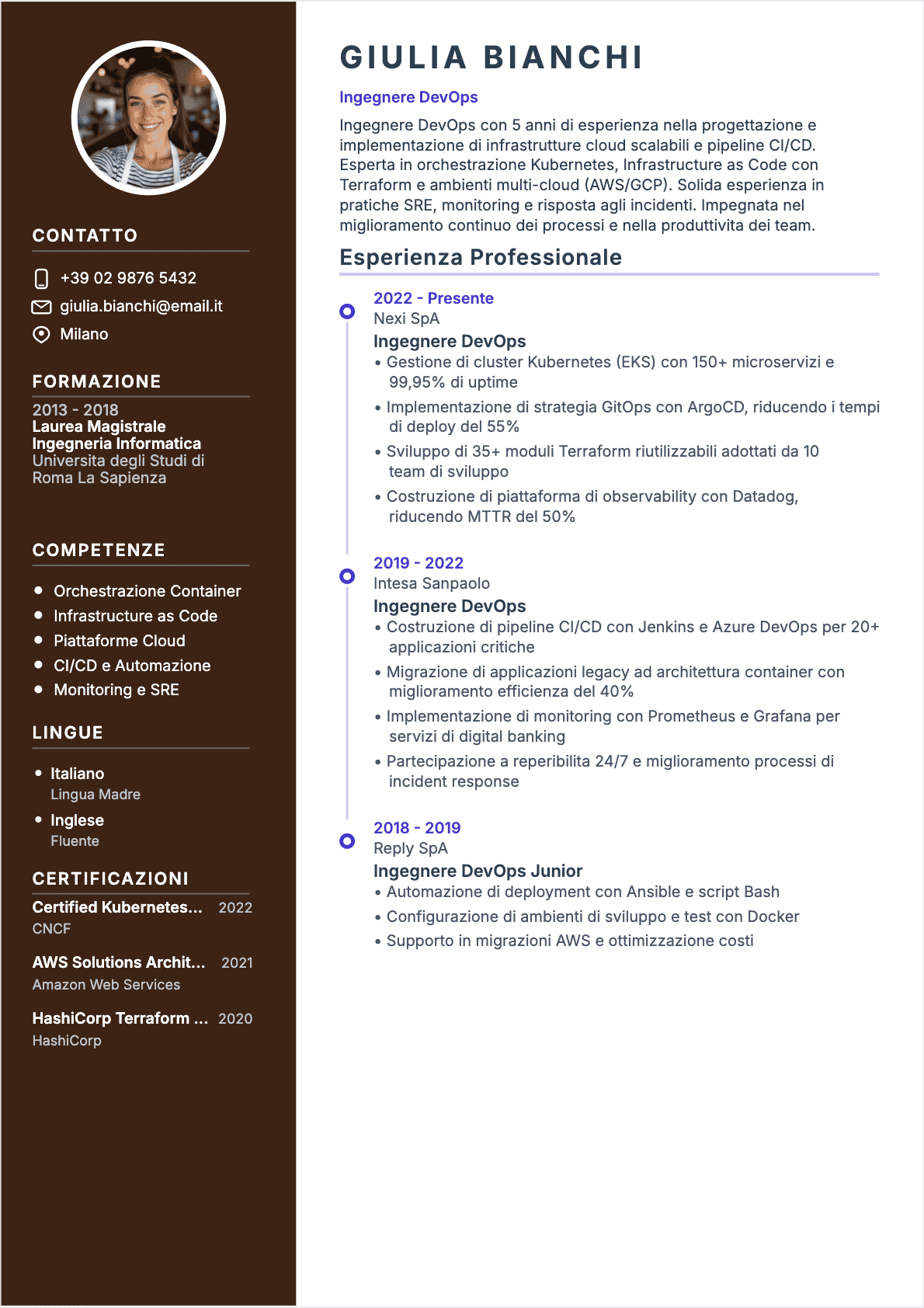 Ingegnere DevOps Confirmé - CV Ingegnere DevOps