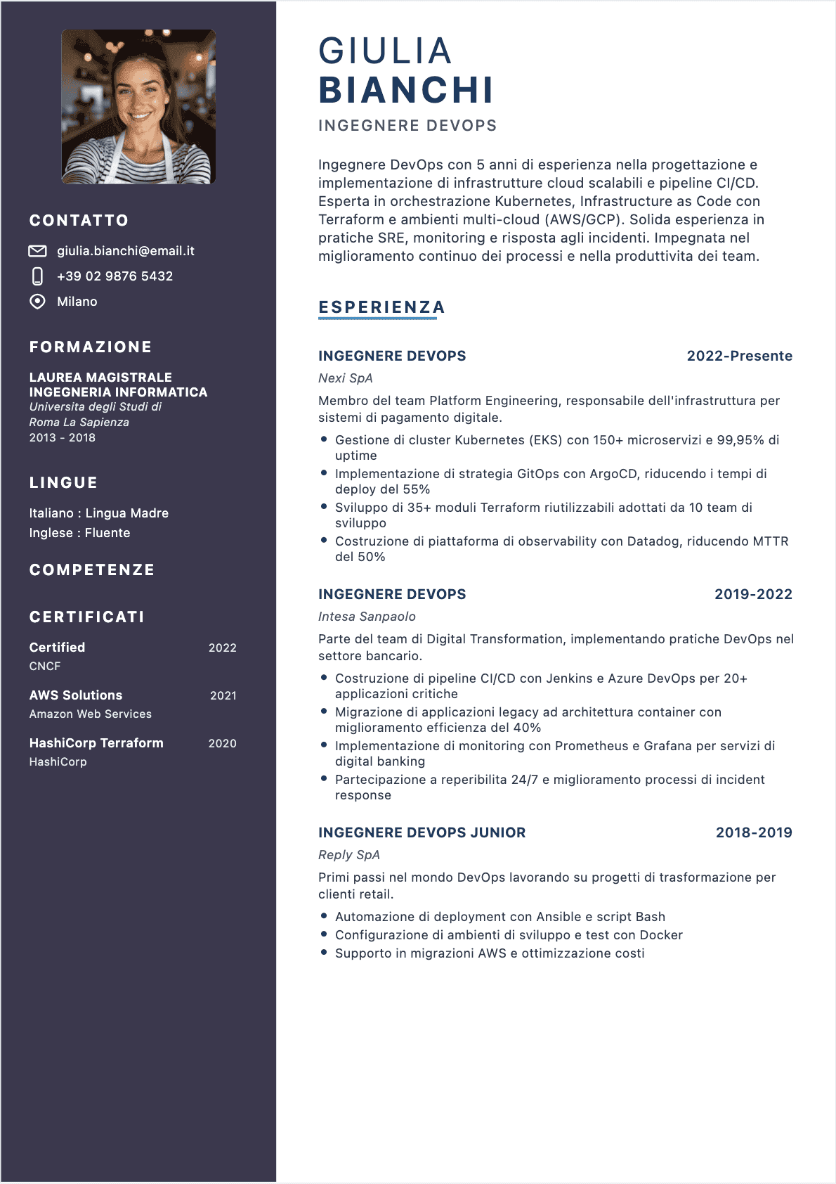 Ingegnere DevOps Confirmé - CV Ingegnere DevOps