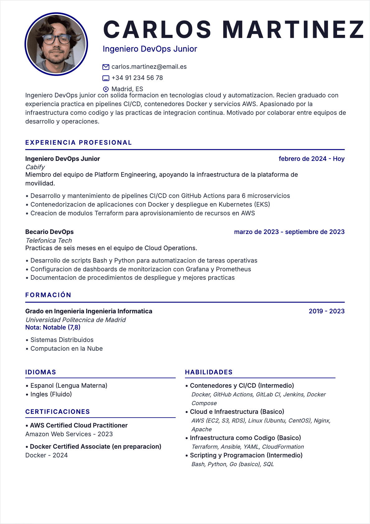 Ingeniero DevOps Junior - CV Ingeniero DevOps