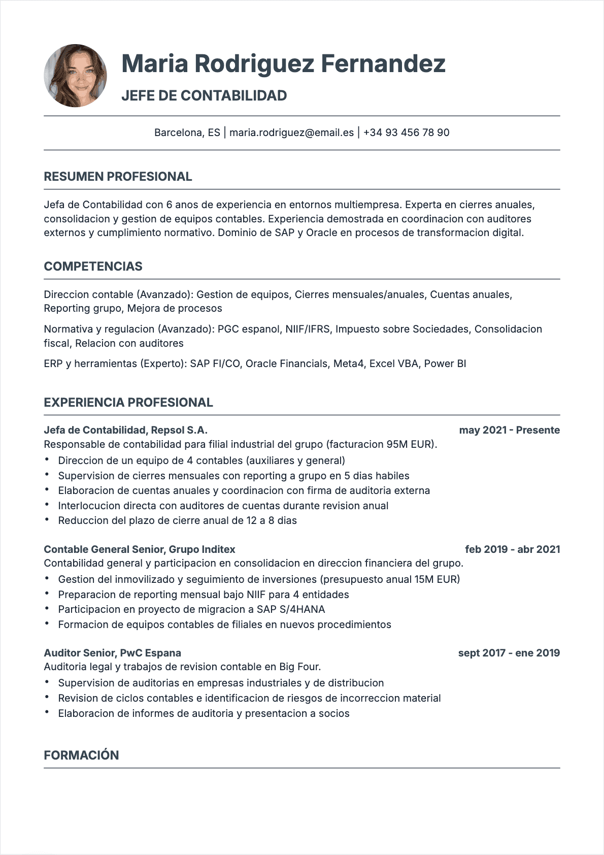 CV Jefe de contabilidad