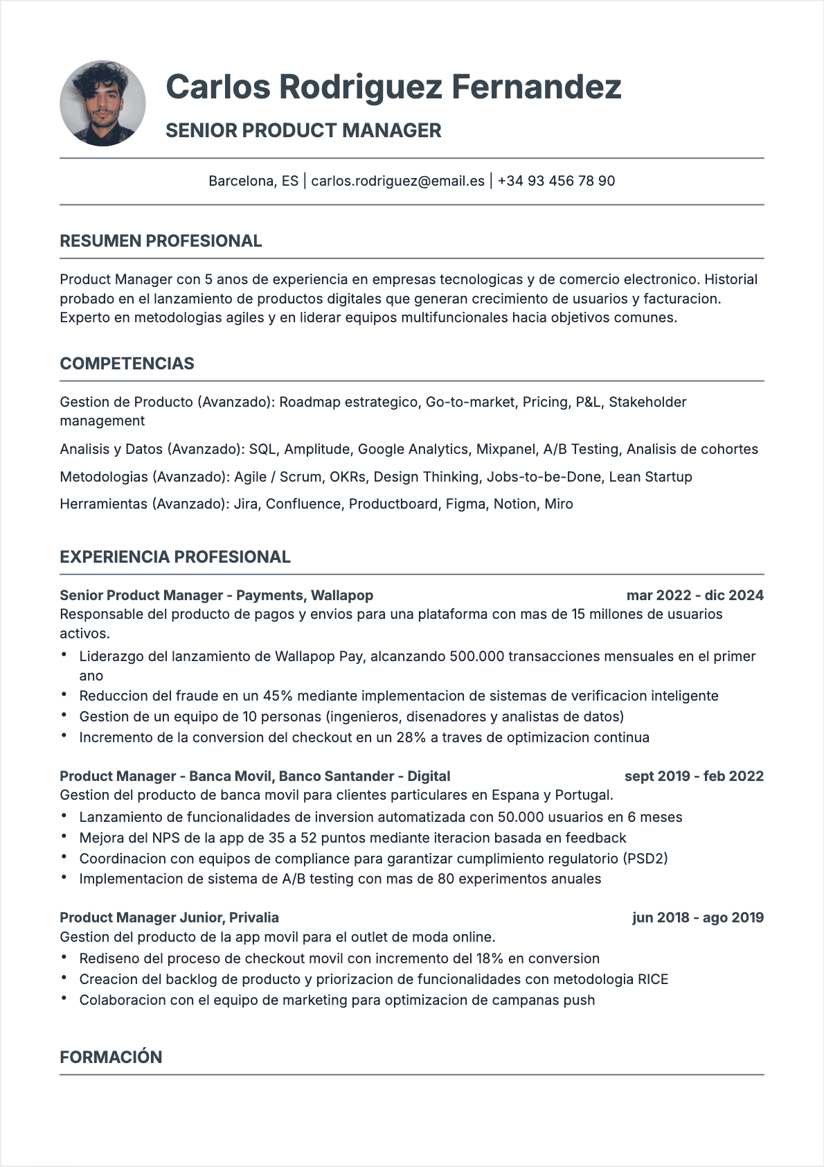 Jefe de producto Confirmé - CV Jefe de producto