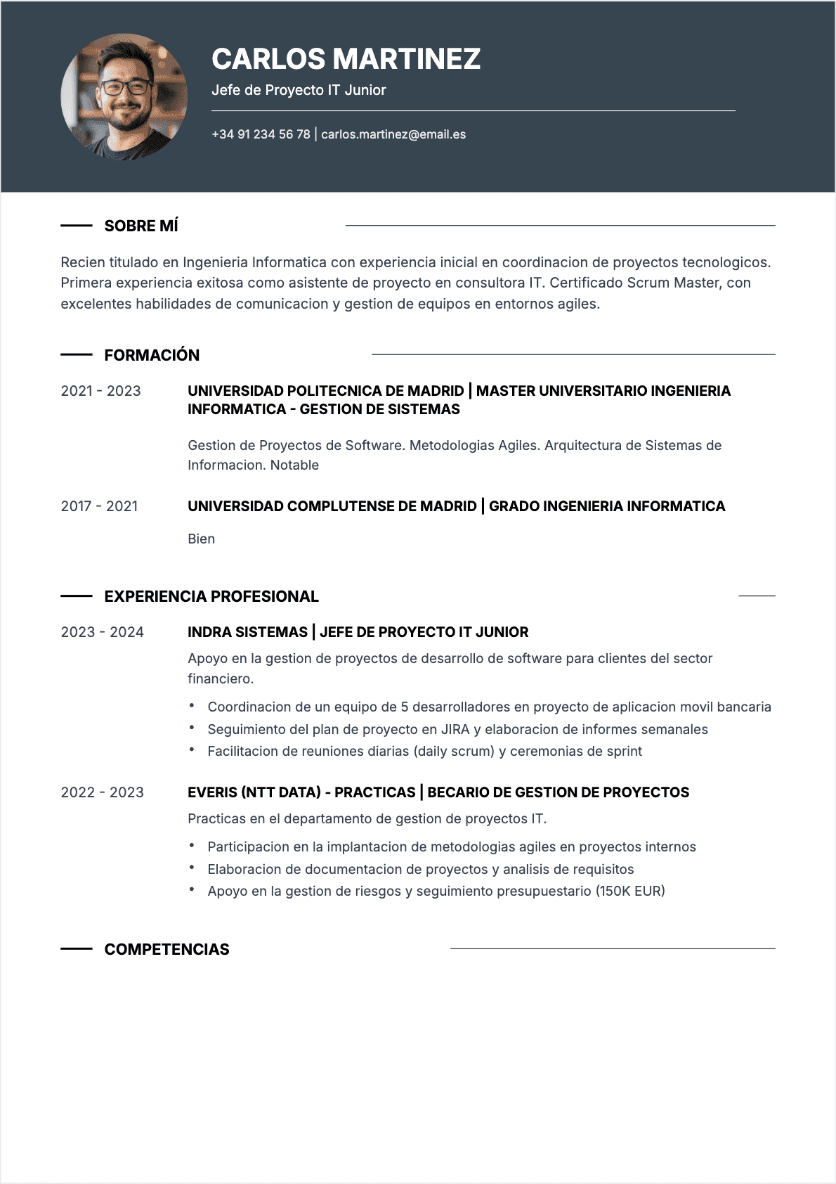 Jefe de proyecto IT Junior - CV Jefe de proyecto IT