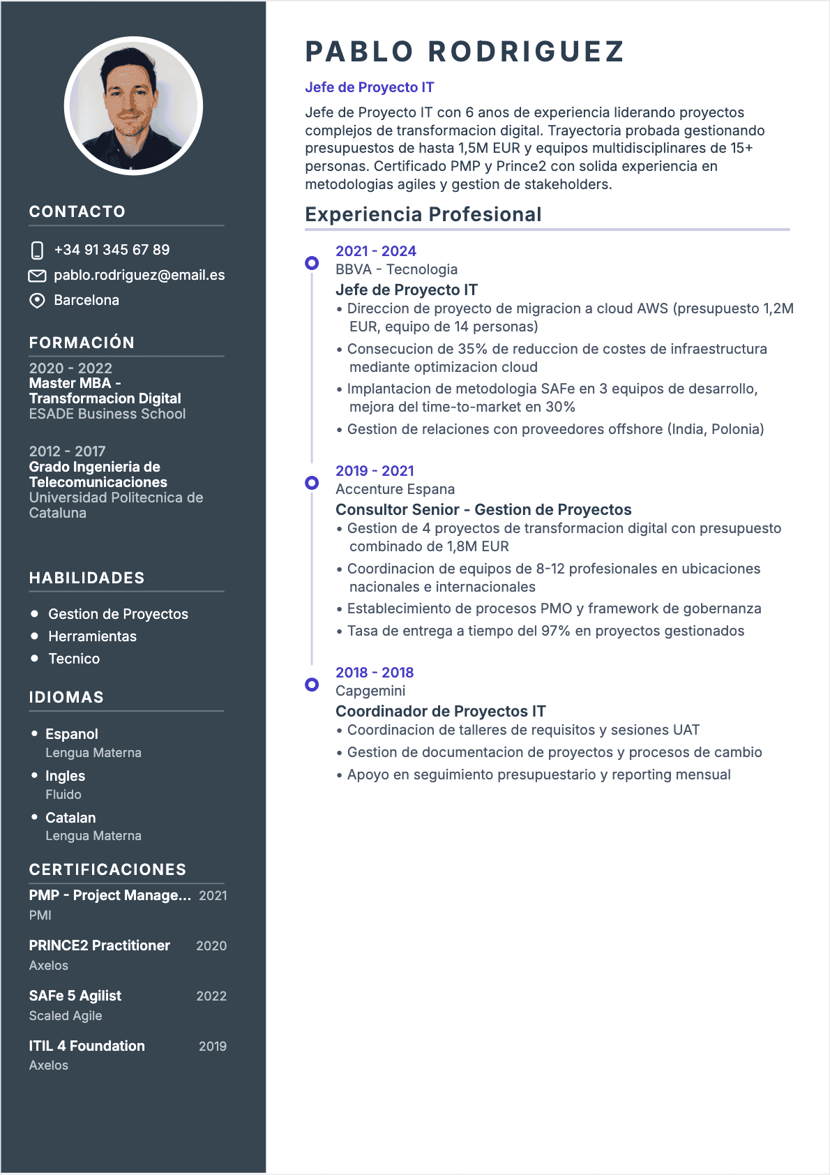 Jefe de proyecto IT Confirmé - CV Jefe de proyecto IT