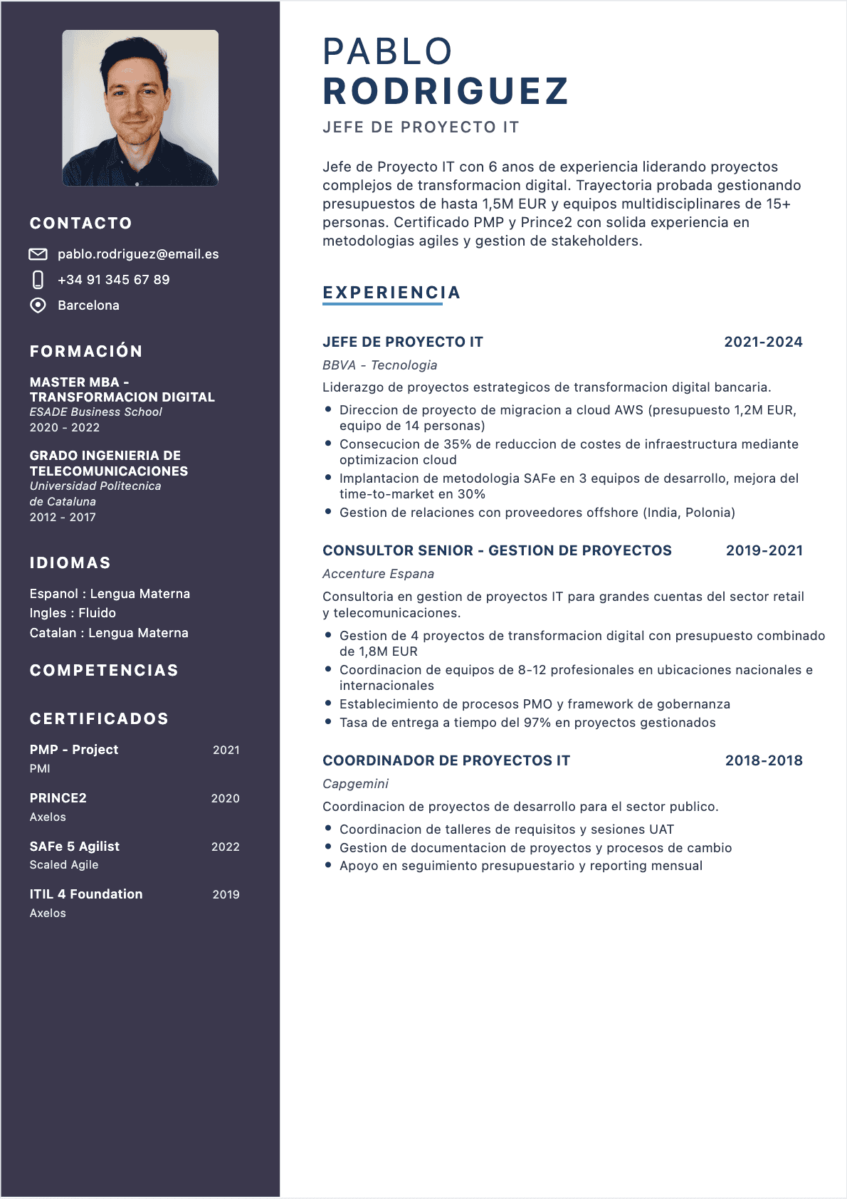 Jefe de proyecto IT Confirmé - CV Jefe de proyecto IT
