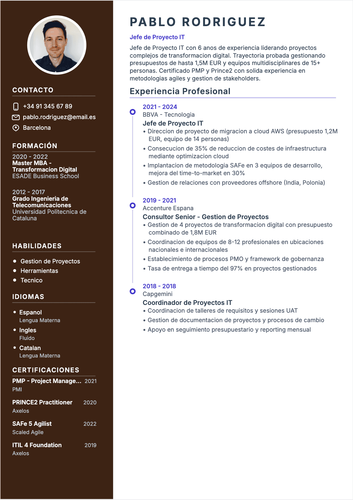 Jefe de proyecto IT Confirmé - CV Jefe de proyecto IT