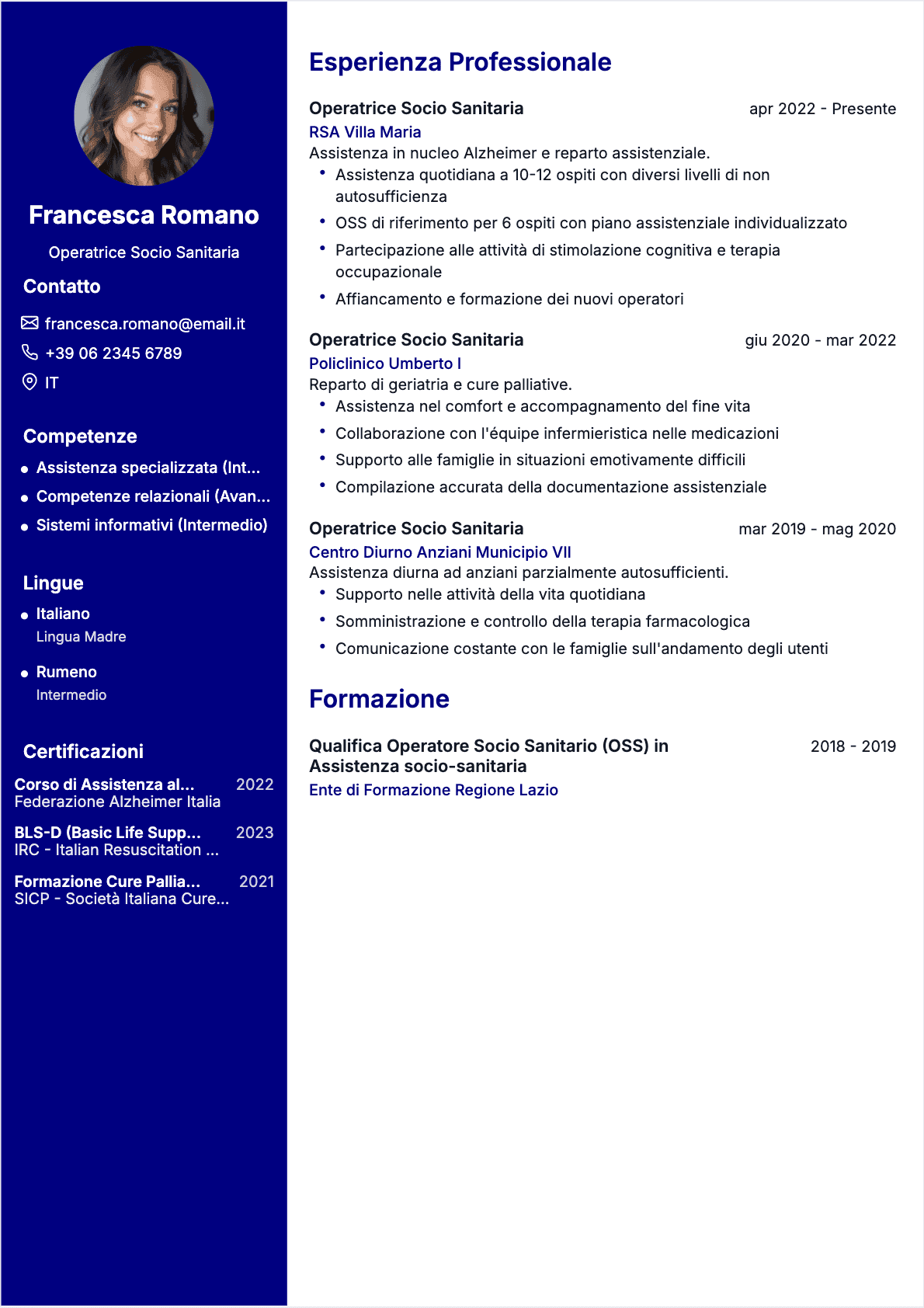 Modello di CV Operator Socio Sanitario, Intermediate