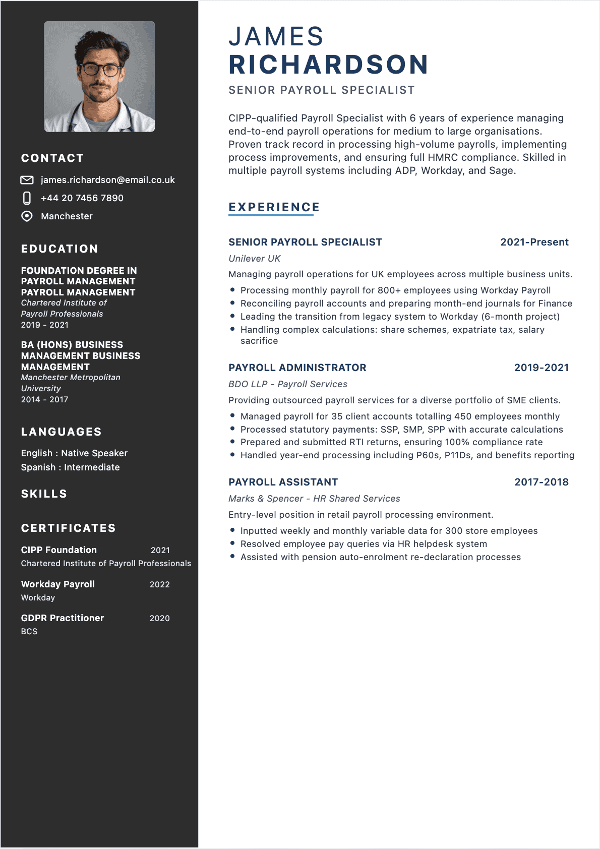 Resume Payroll Manager Confirmé - Payroll Manager Resume