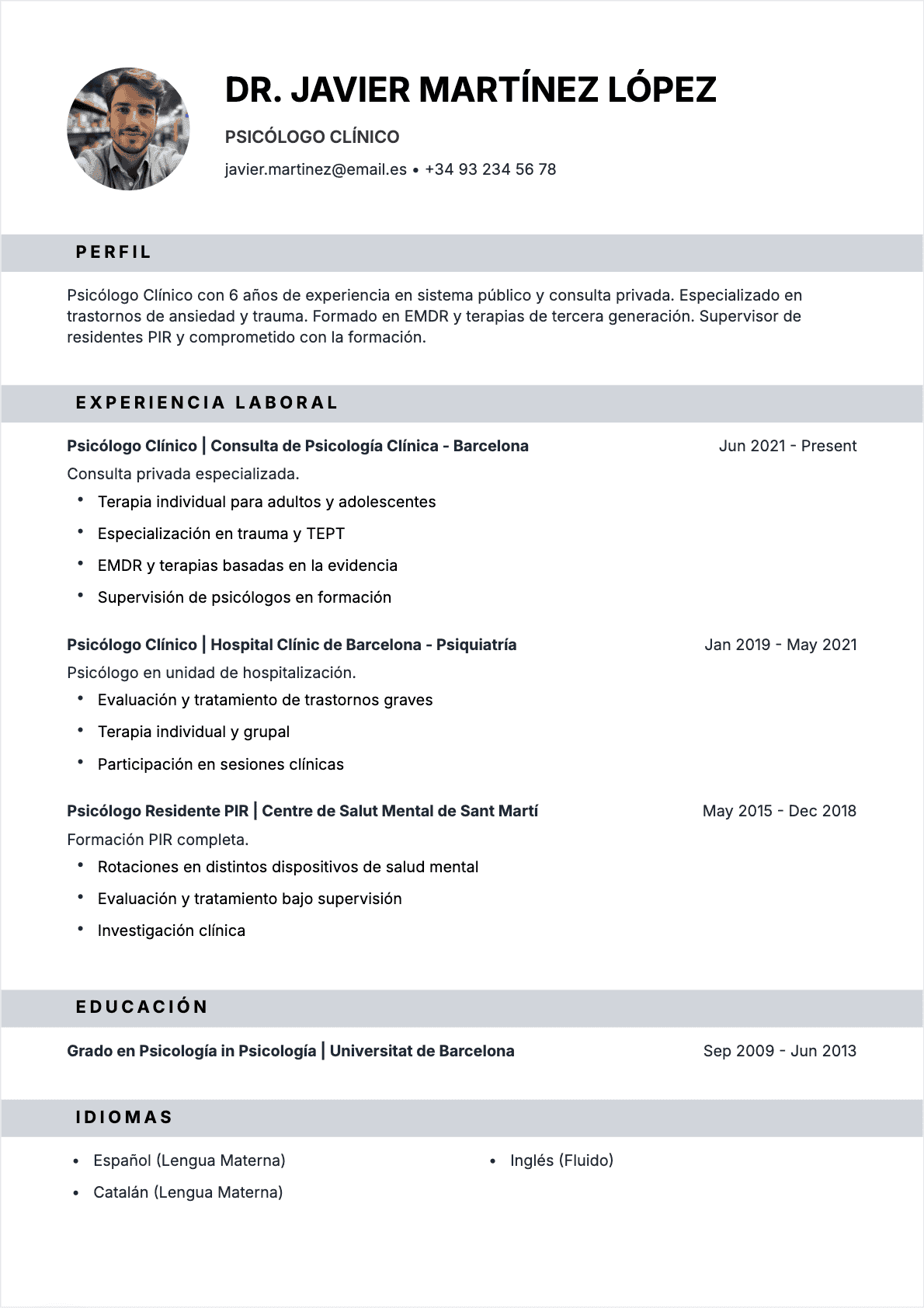 CV Psicólogo Confirmé - CV Psicólogo