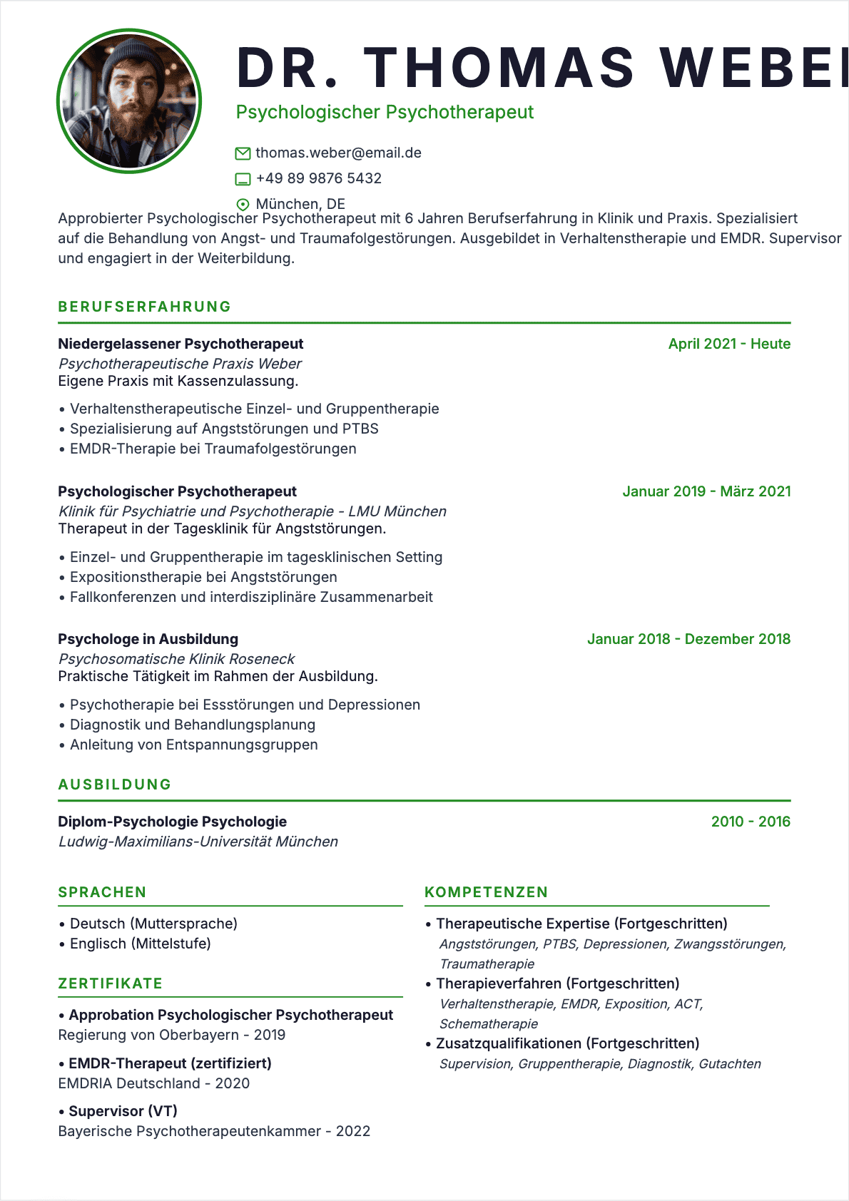 Psychologist Lebenslauf Vorlage - Intermediate Niveau | Professionelle ATS-optimierte Vorlage