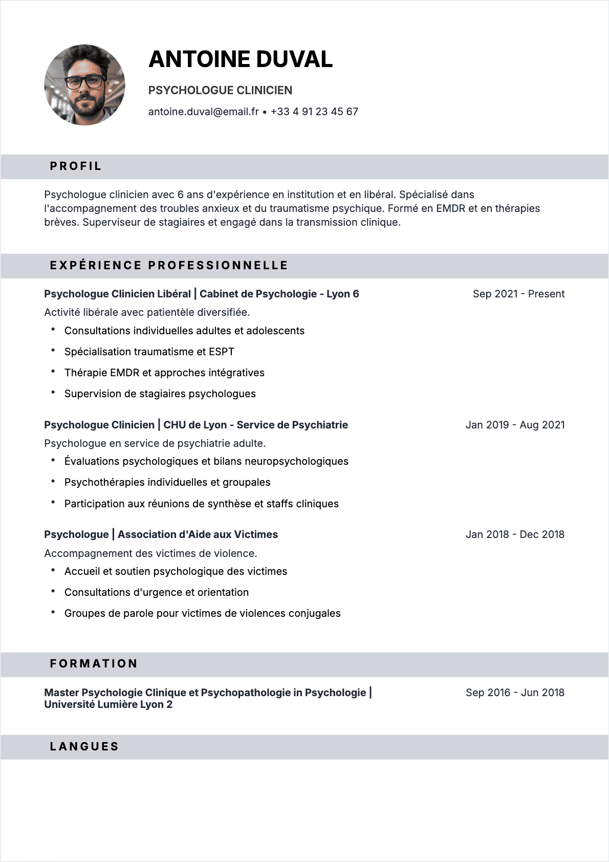 CV Psychologue Confirmé - CV Psychologue