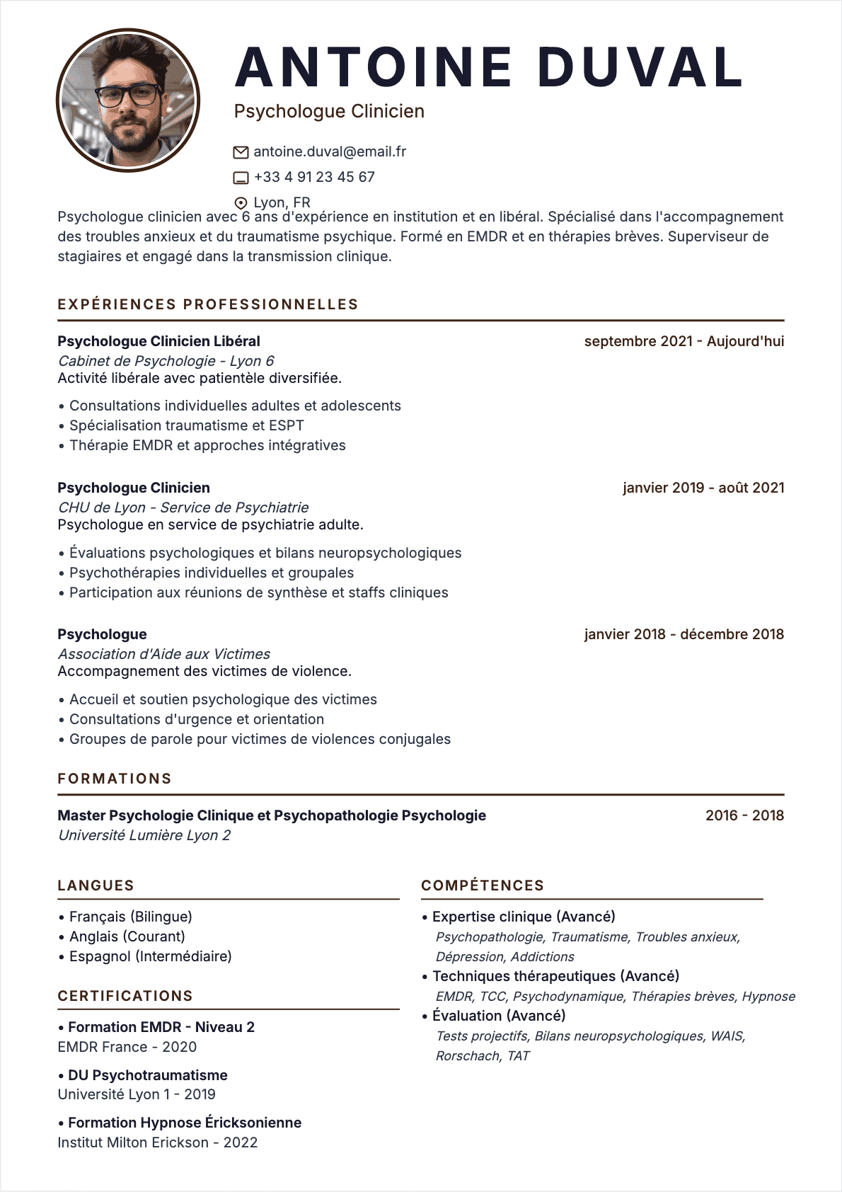 Psychologue Confirmé - CV Psychologue