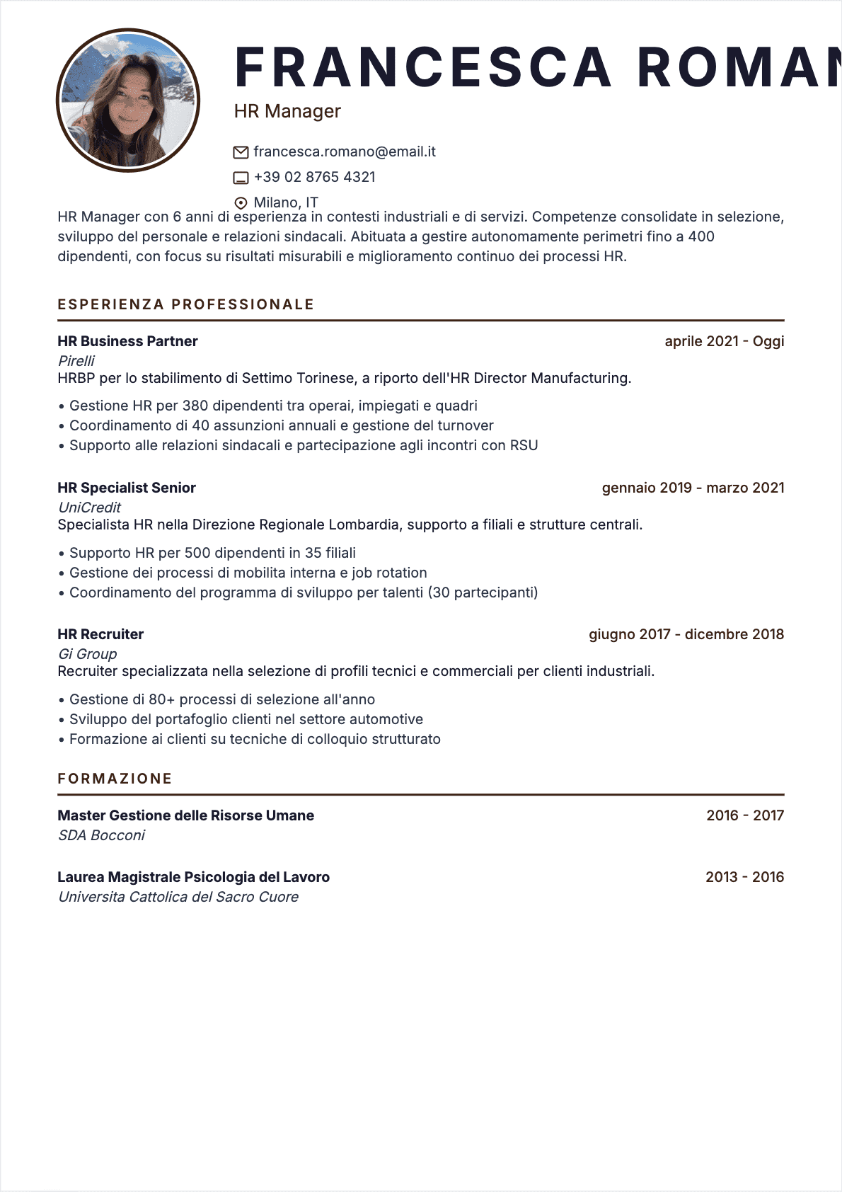 Modello di CV Hr Manager - Livello Intermediate | Template professionale ottimizzato ATS