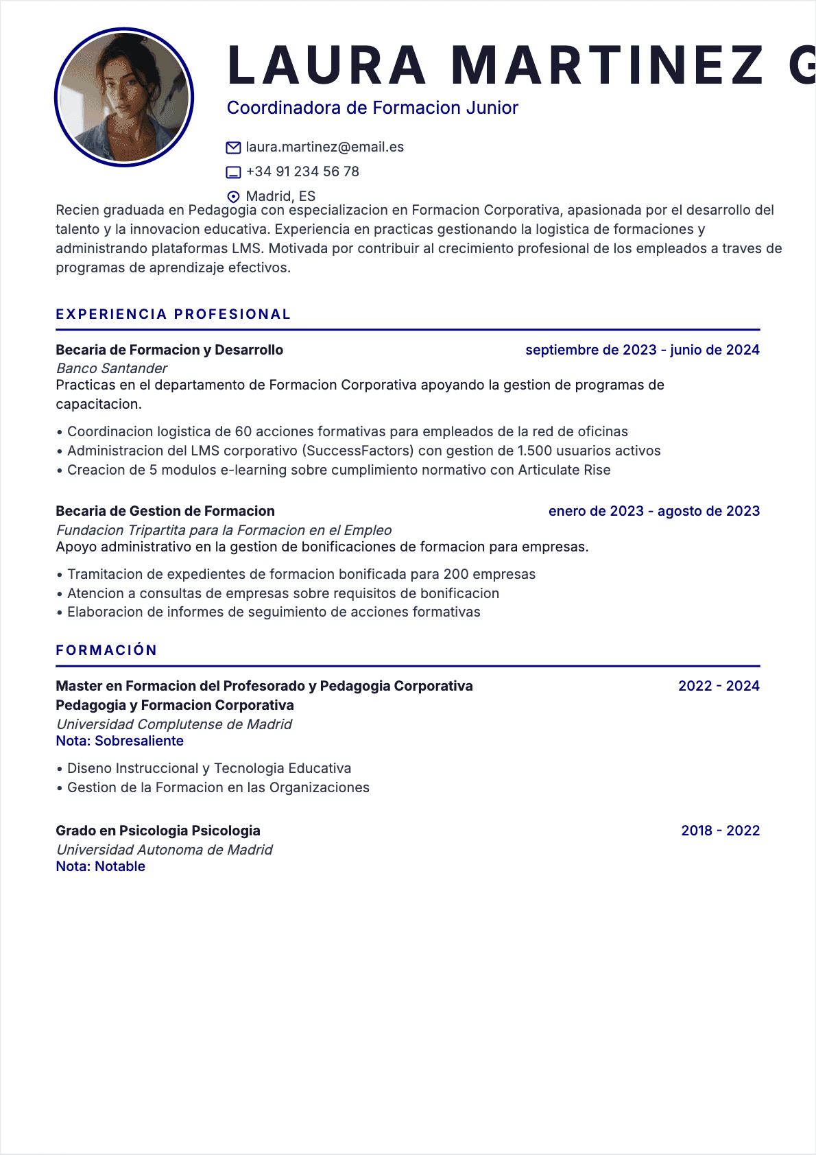 CV Responsable de formación Junior - CV Responsable de formación