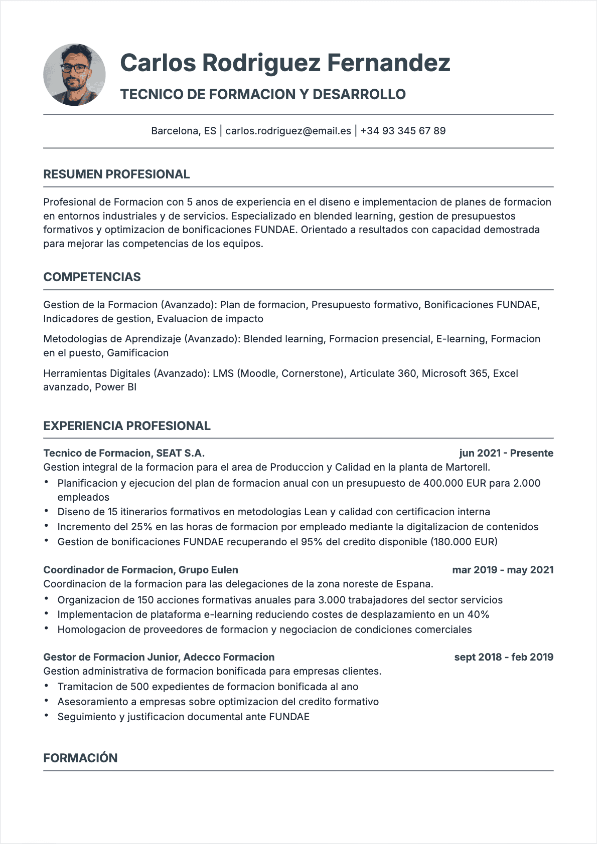 Responsable de formación Confirmé - CV Responsable de formación