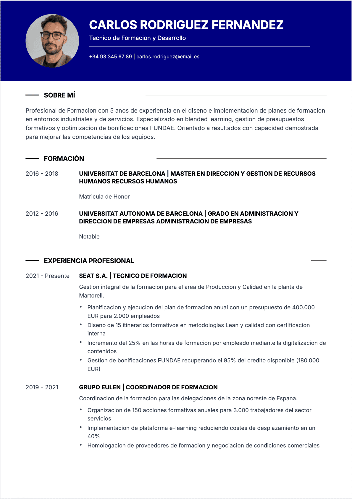 CV Responsable de formación