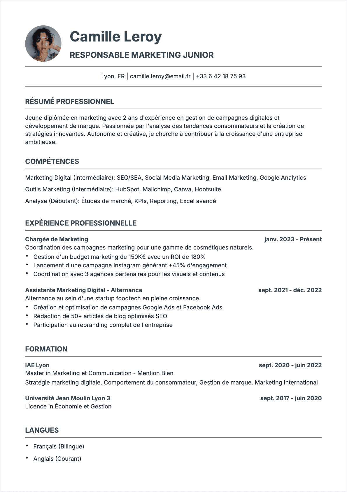 Responsable marketing Junior - CV Responsable marketing