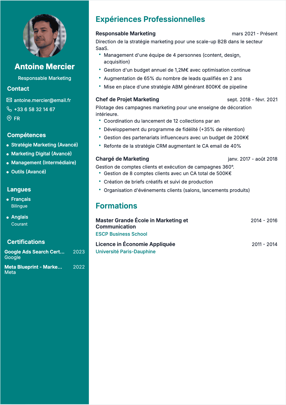 Responsable marketing Confirmé - CV Responsable marketing