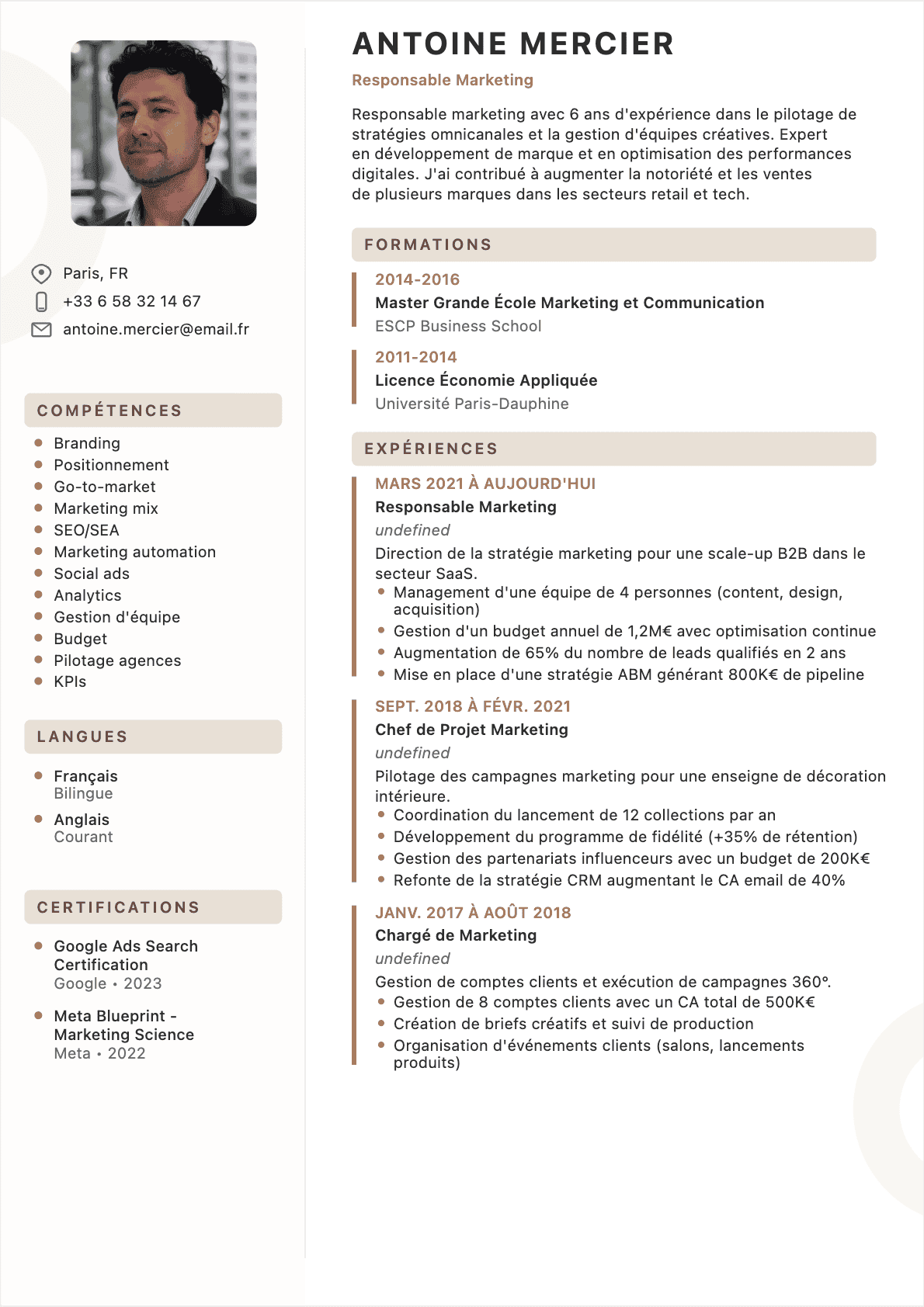 Responsable marketing Confirmé - CV Responsable marketing