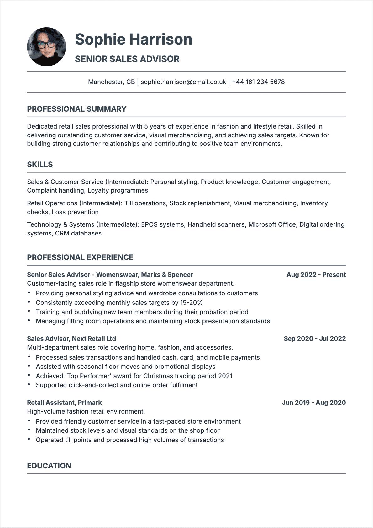 Sales Associate resume template, Intermediate