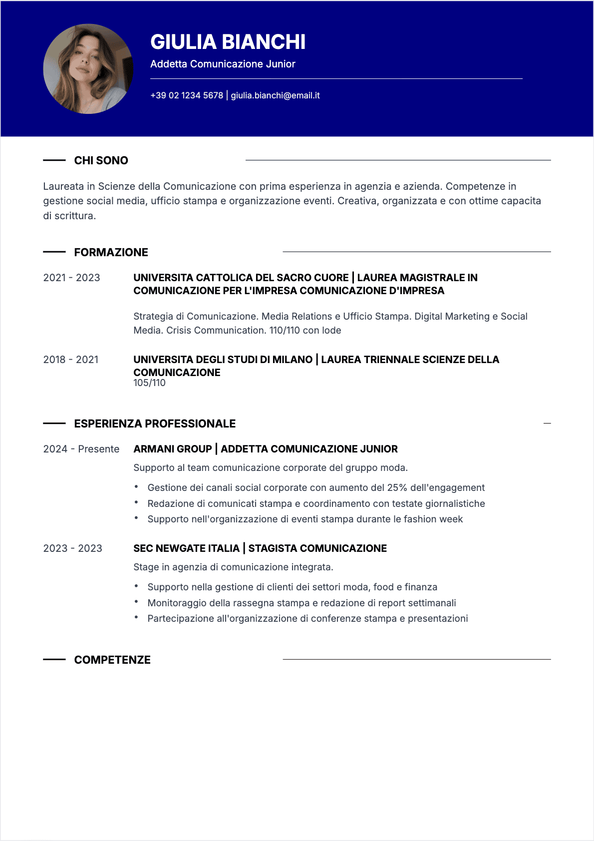 Specialista comunicazione Junior - CV Specialista comunicazione