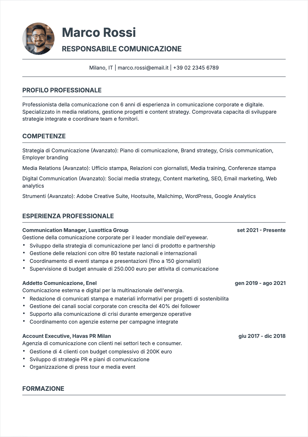 Specialista comunicazione Confirmé - CV Specialista comunicazione