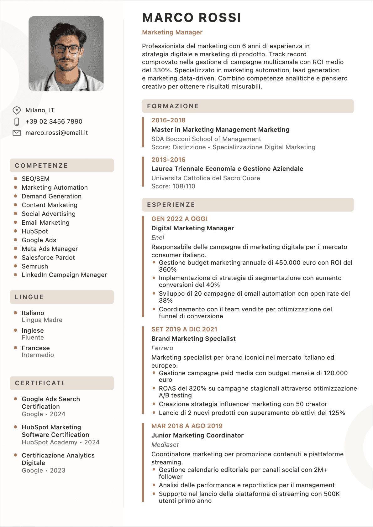 CV Specialista marketing