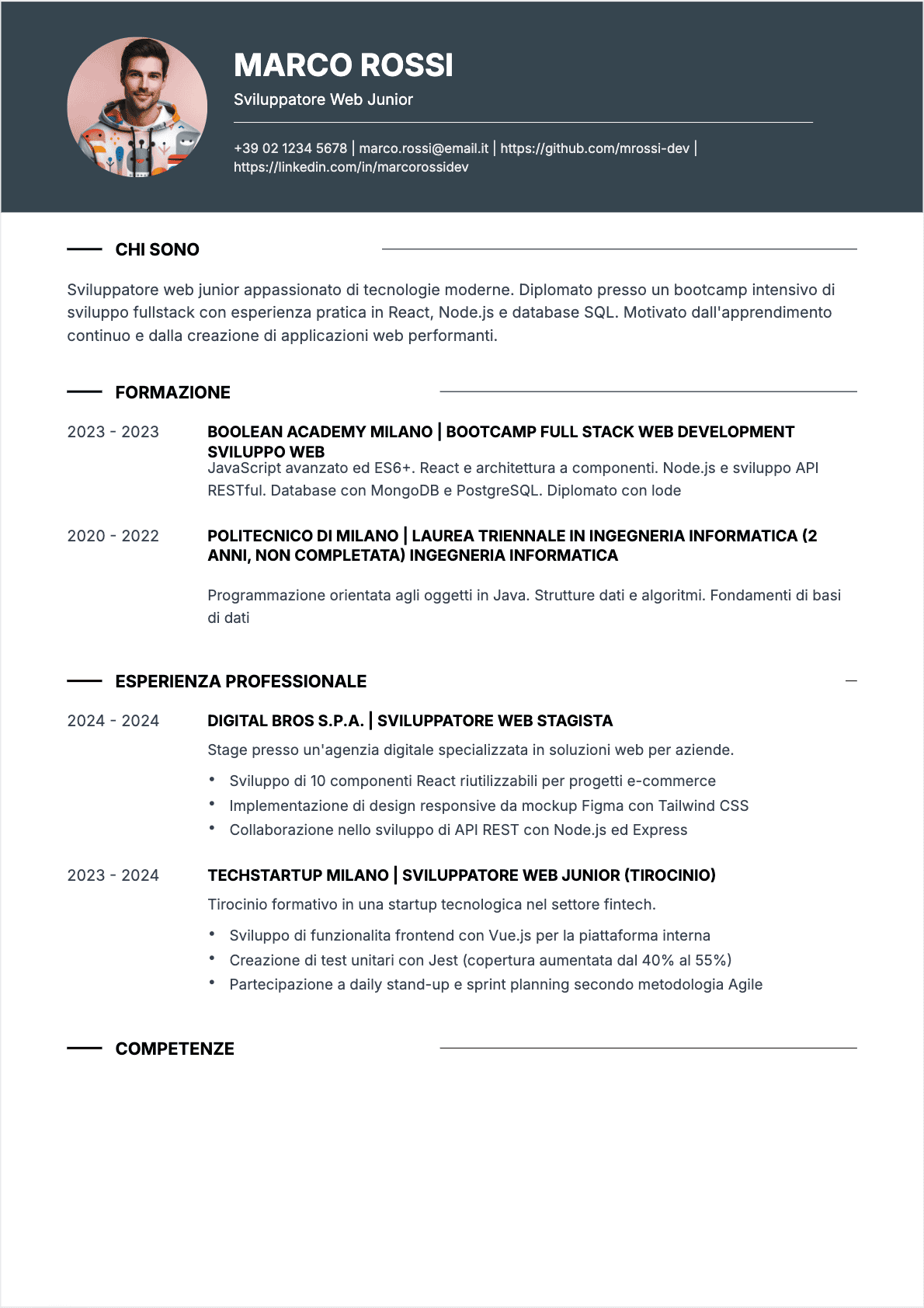 Sviluppatore web Junior - CV Sviluppatore web