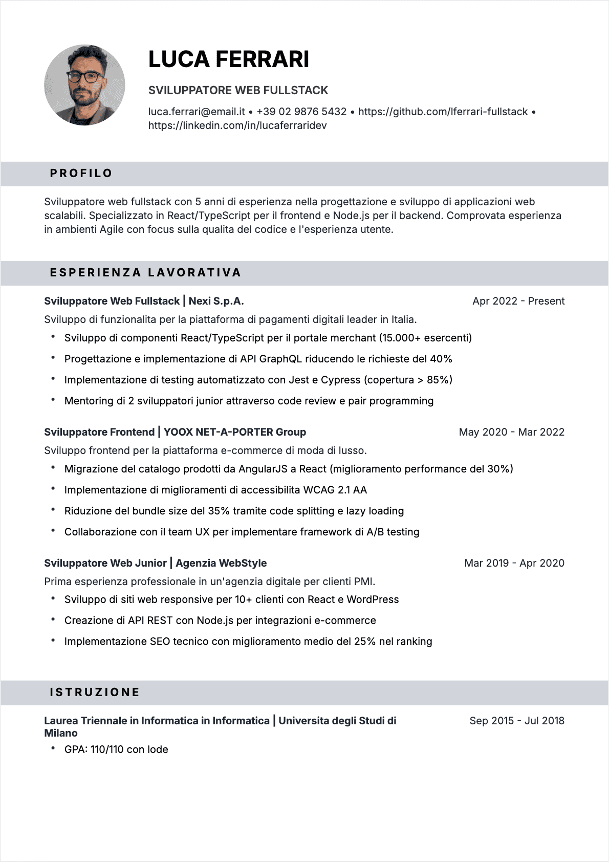 CV Sviluppatore web Confirmé - CV Sviluppatore web