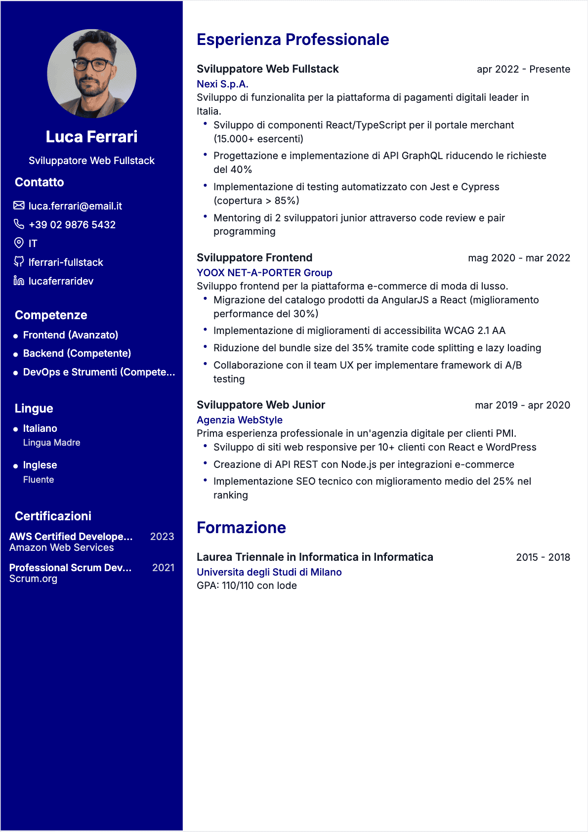 CV Sviluppatore web Confirmé - CV Sviluppatore web