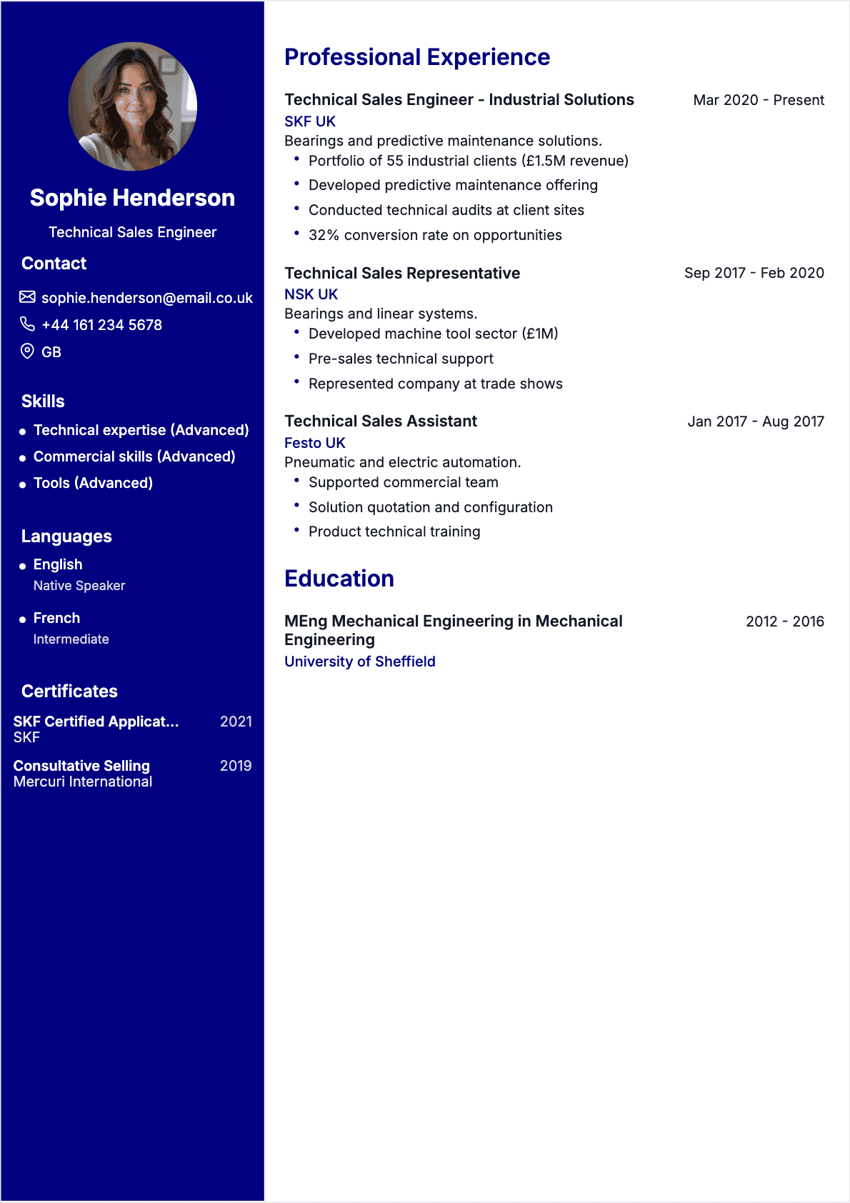 Technical Sales resume template, Intermediate