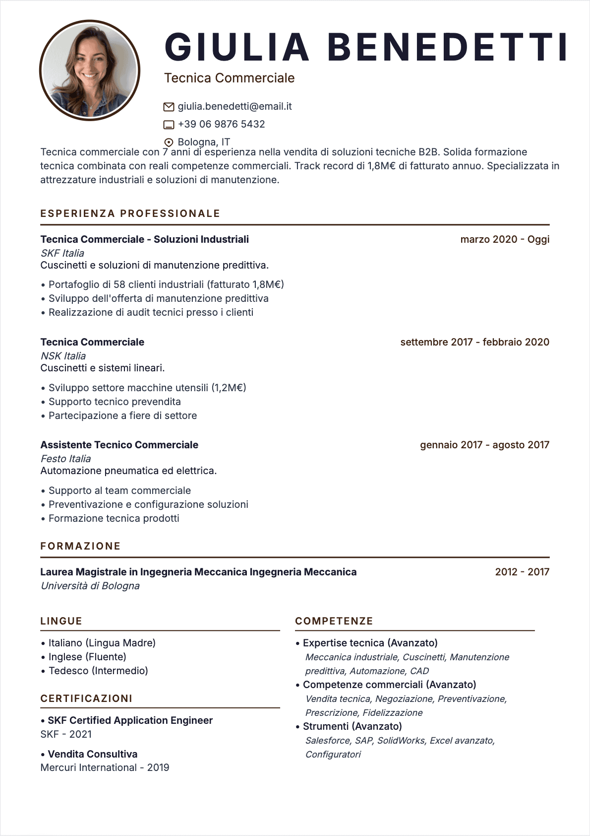 Tecnico commerciale Confirmé - CV Tecnico commerciale