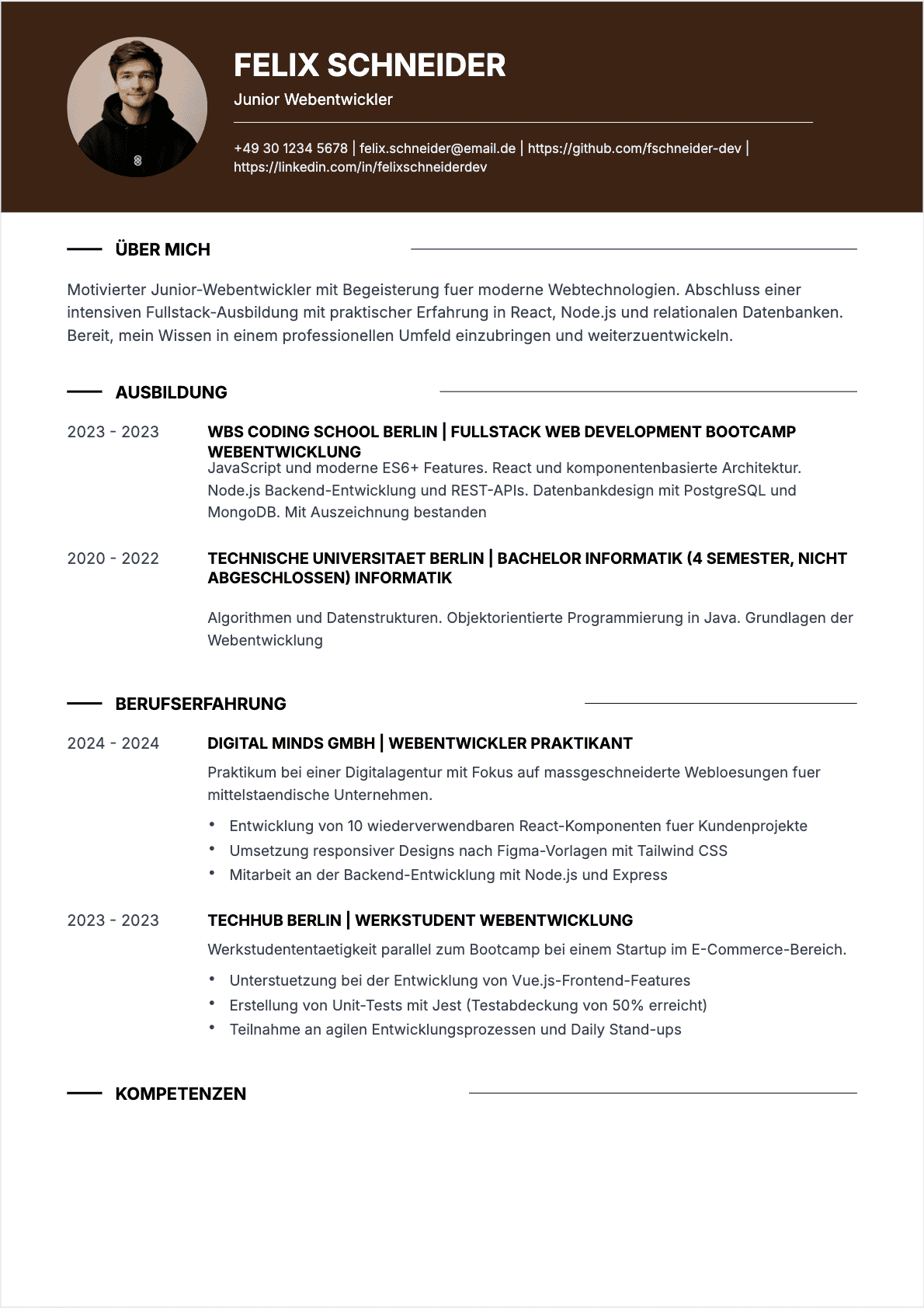 CV Webentwickler Junior - Webentwickler Lebenslauf