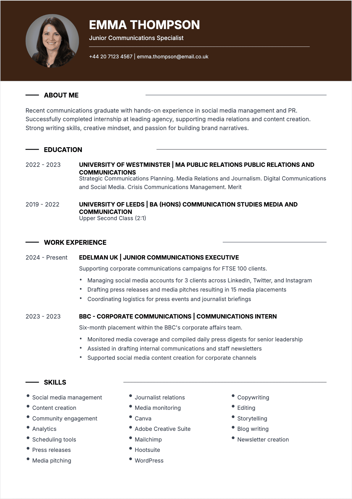 Modèle de CV CV Communications Specialist - Niveau Beginner | Template professionnel optimisé ATS