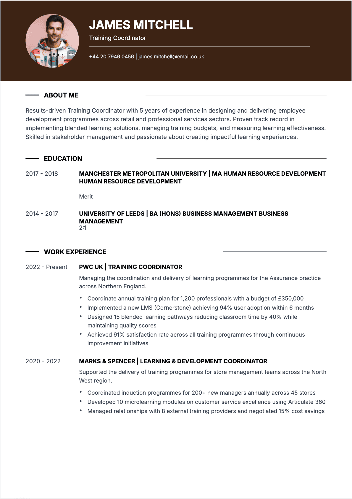 Modèle de CV CV Training Coordinator - Niveau Experienced | Template professionnel optimisé ATS