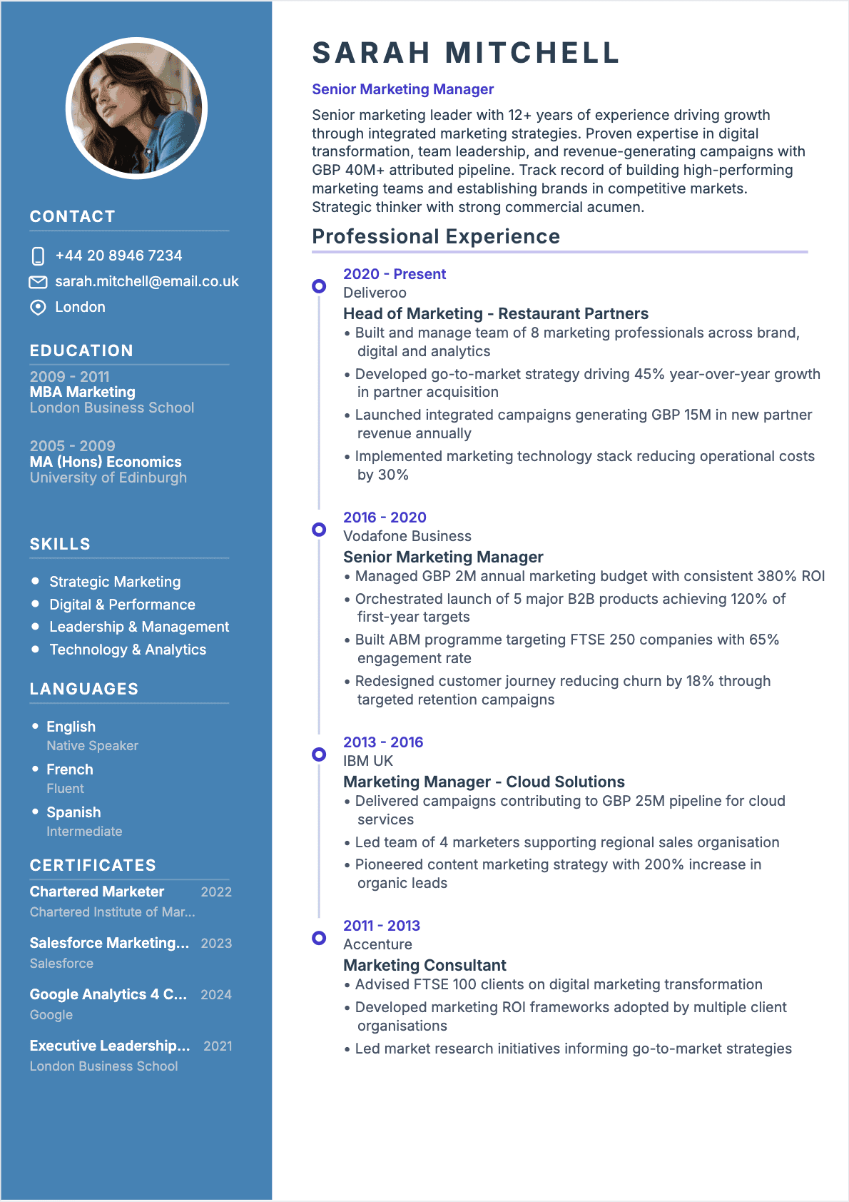 Modèle de CV Marketing Specialist CV - Niveau Senior | Template professionnel optimisé ATS