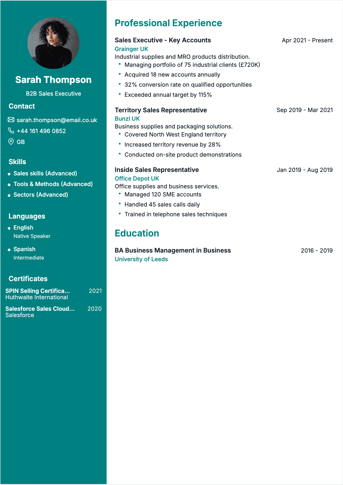 Modèle de CV CV Sales Representative - Niveau Experienced | Template professionnel optimisé ATS