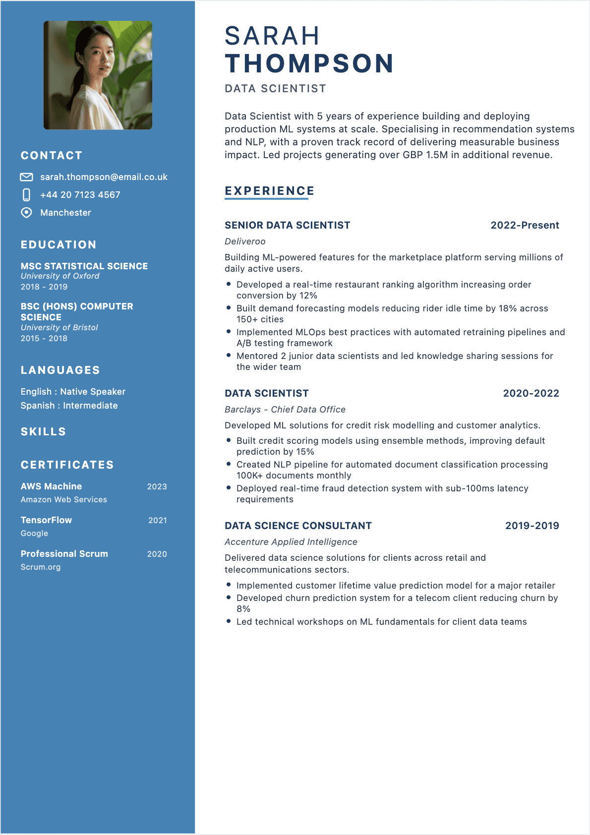 Modèle de CV CV Data Scientist - Niveau Experienced | Template professionnel optimisé ATS