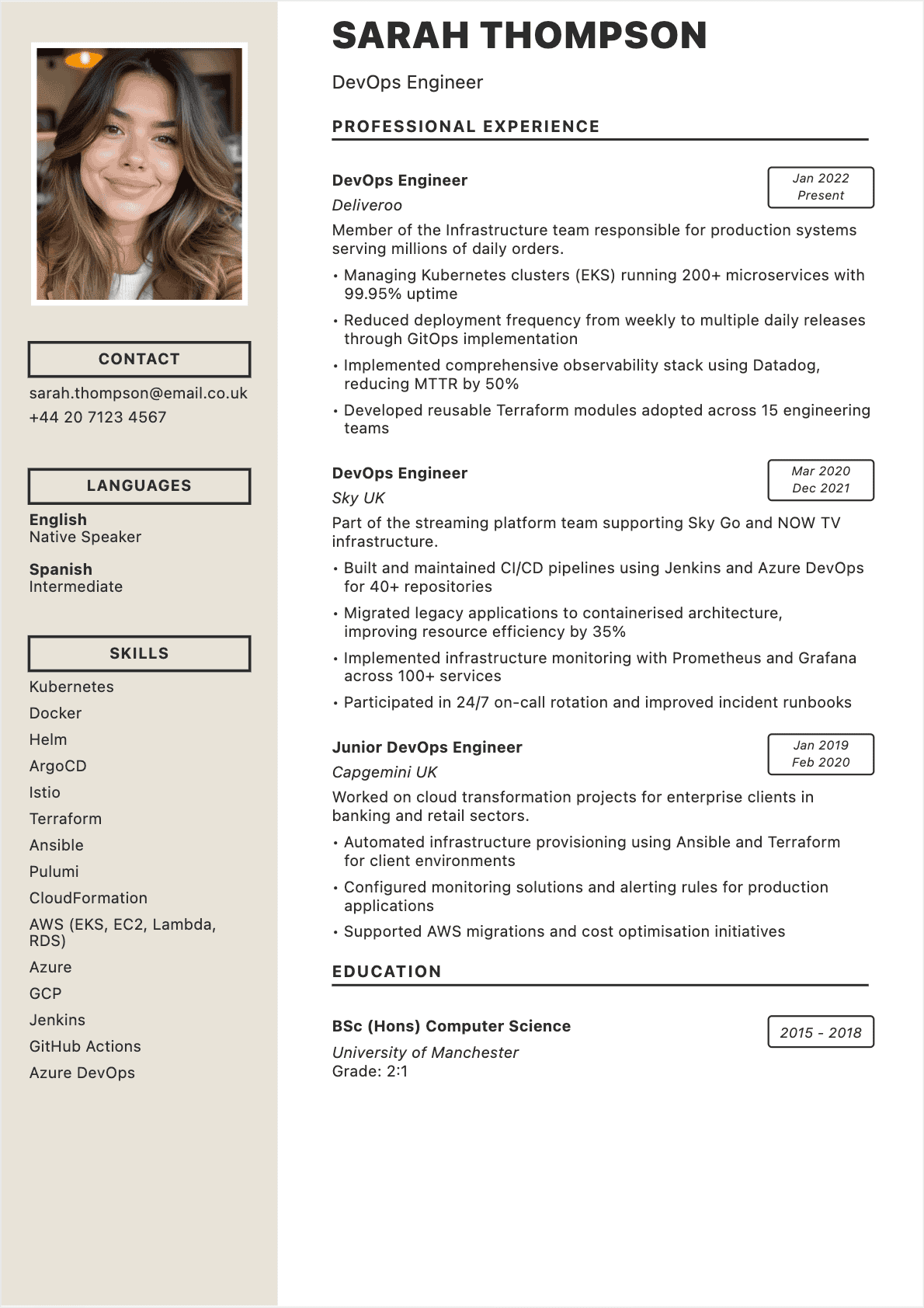 Modèle de CV CV DevOps Engineer - Niveau Experienced | Template professionnel optimisé ATS