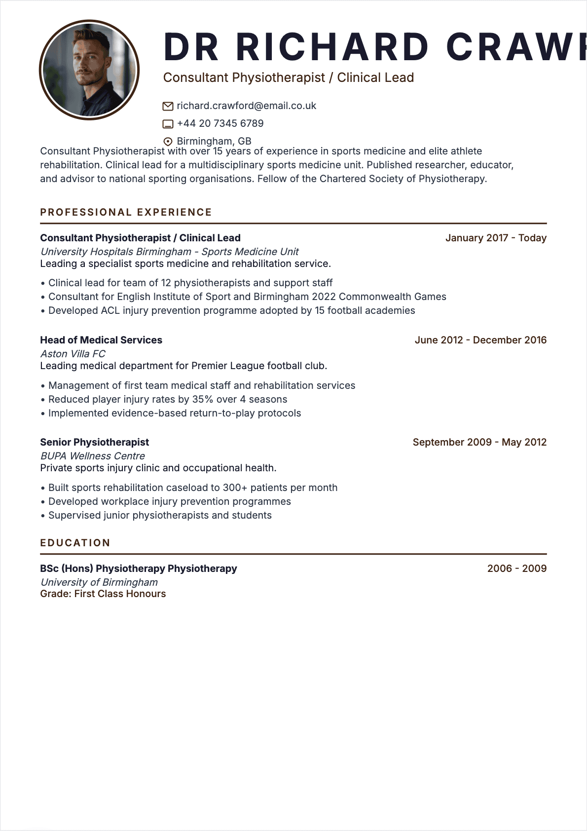 Modèle de CV CV Physical Therapist - Niveau Senior | Template professionnel optimisé ATS