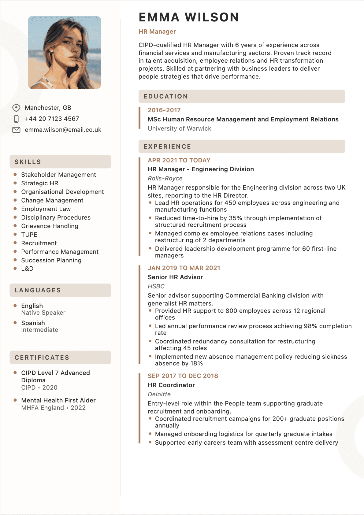 Modèle de CV CV HR Manager - Niveau Experienced | Template professionnel optimisé ATS