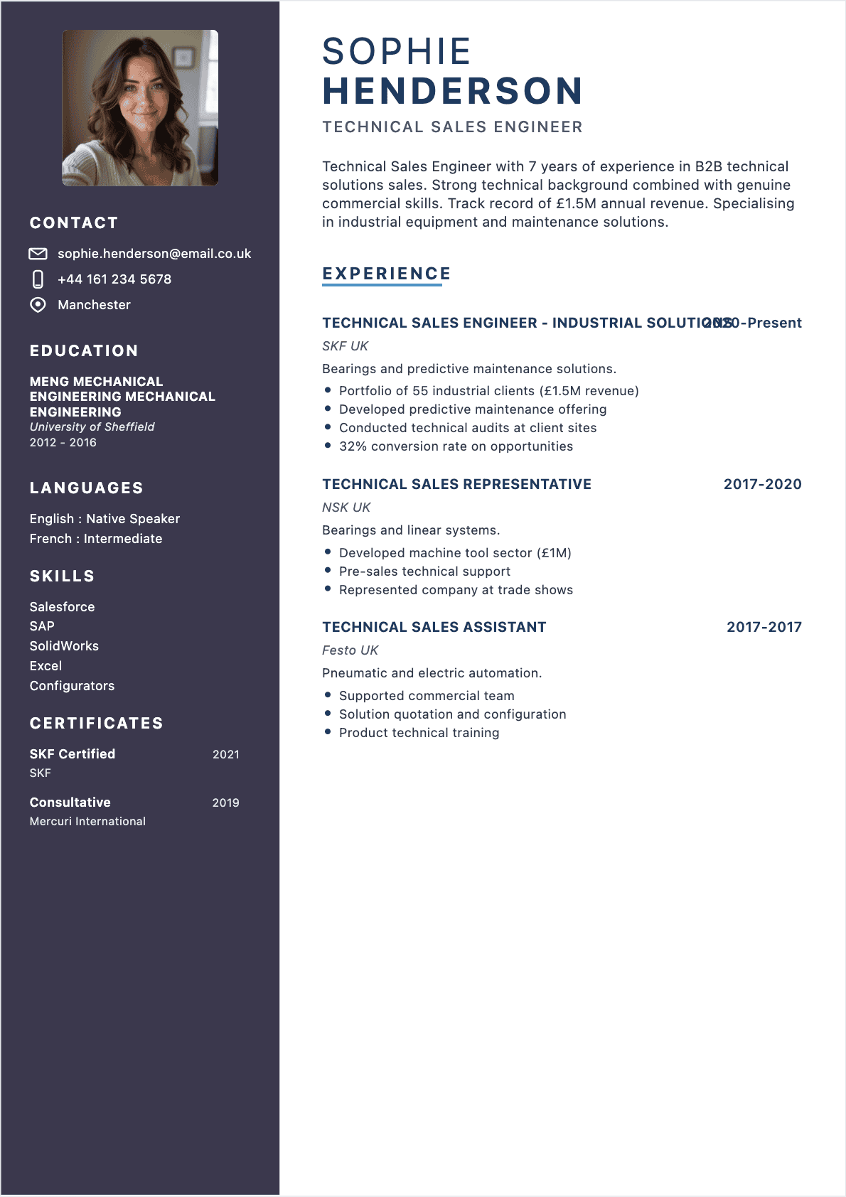 Modèle de CV Resume Technical Sales Representative - Niveau Experienced | Template professionnel optimisé ATS