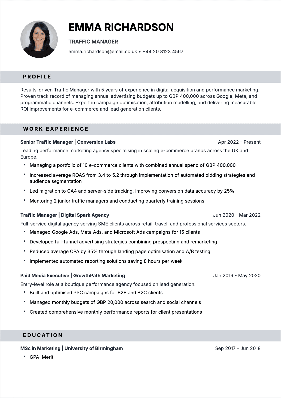 Exemple de CV CV Traffic Manager professionnel - Modèle moderne optimisé pour les ATS et recruteurs | CVtoWork