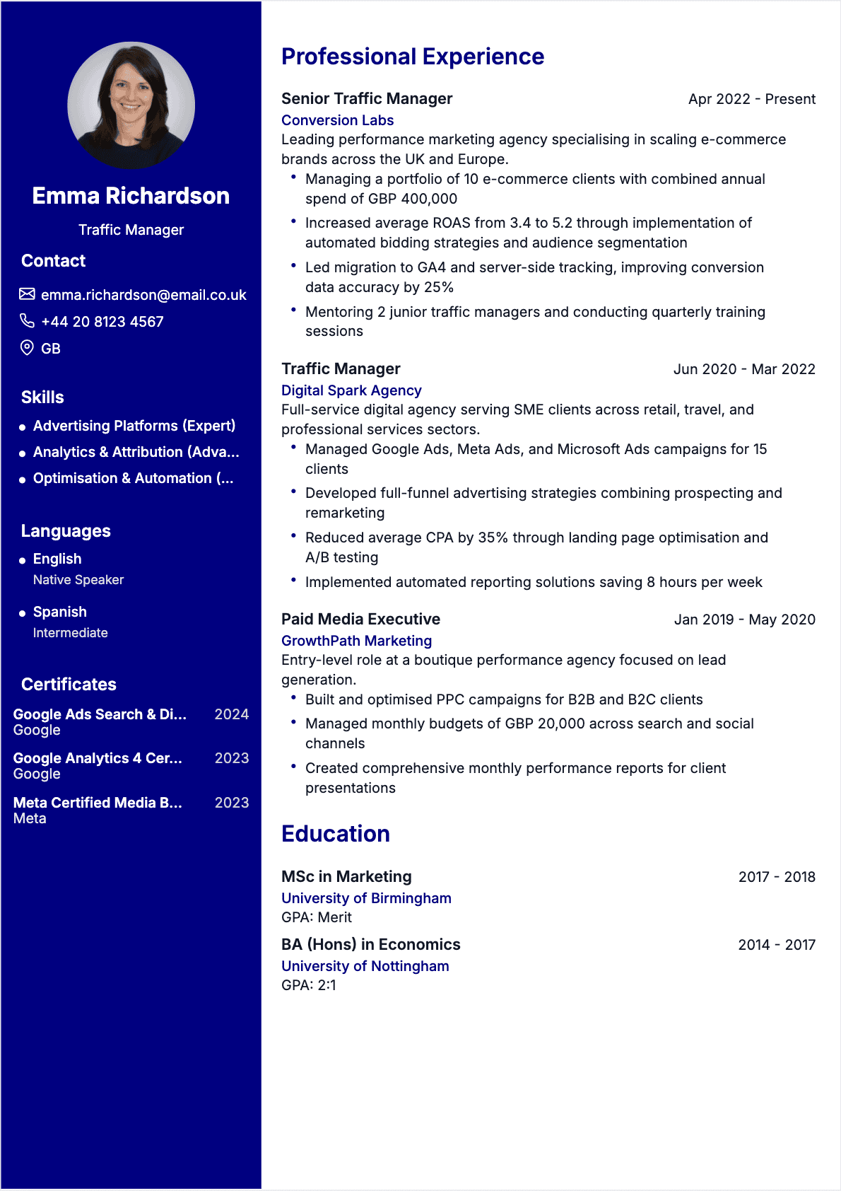 Télécharger le modèle de CV CV Traffic Manager Modèle de CV CV Traffic Manager - Niveau Experienced | Template professionnel optimisé ATS