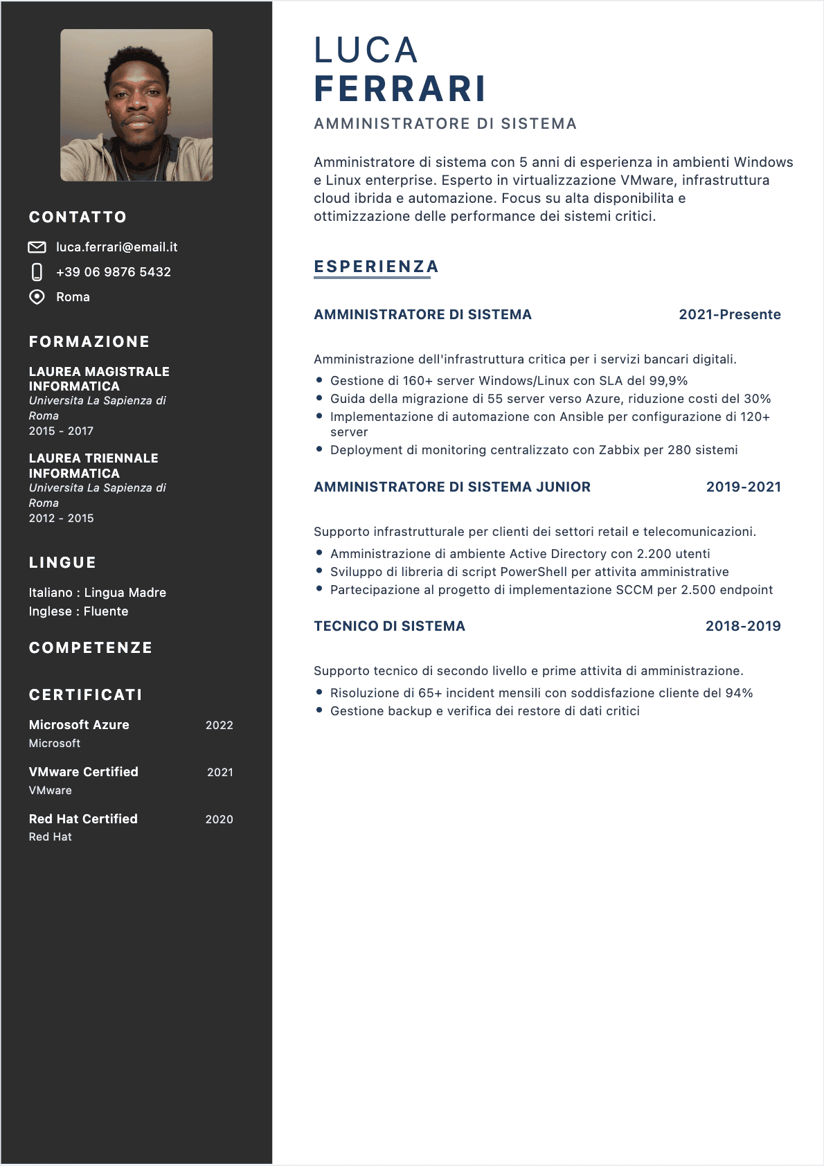 CV Amministratore di sistemi